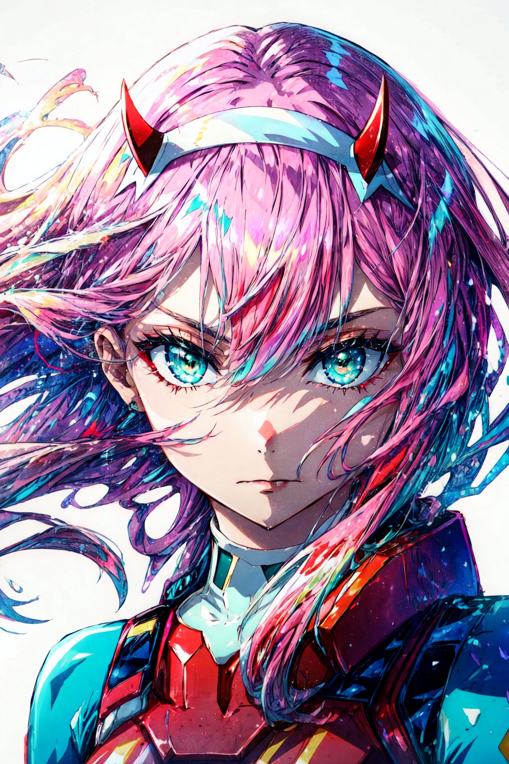 portrait, solo focus, solo, close-up, (white background, plain background, simple background:1.3),  darling_02, 1girl, zero two (darling in the franxx), solo, pink hair, horns, long hair, looking at viewer, eyeshadow, pilot suit, green eyes, bodysuit, hairband, parody, upper body, white hairband, makeup, bangs, closed mouth, breasts, meme, red horns, aqua eyes