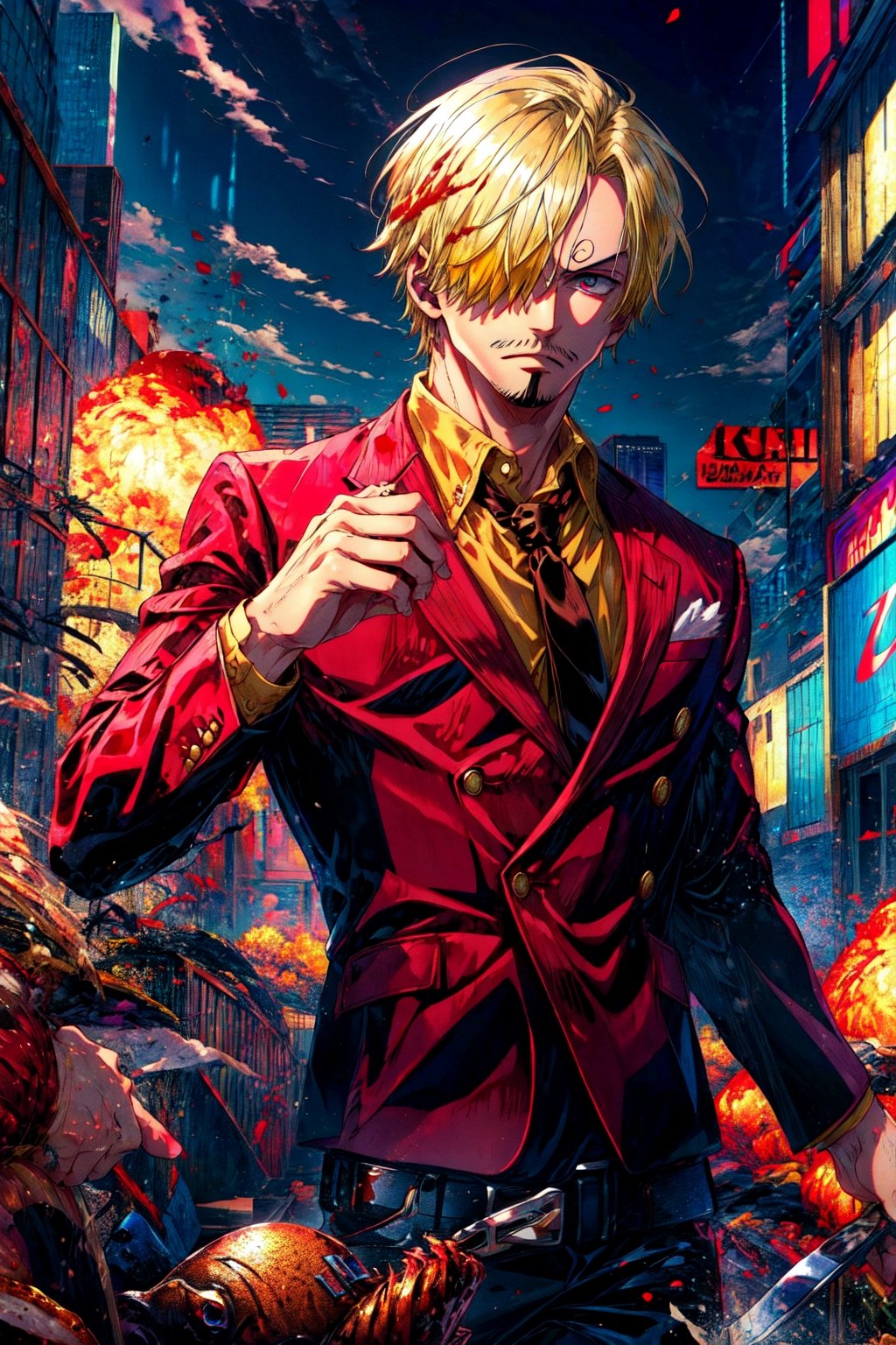 8k, best quality, ultra high res, masterpiece, , sanji2, suit, hair_over_one_eye, yellow hair, eyebrow, black shirts, necktie, Burgundy jacket, facial hair, cowboy shot, cooking, Thanksgiving turkey, roasted turkey, Cyberpunk