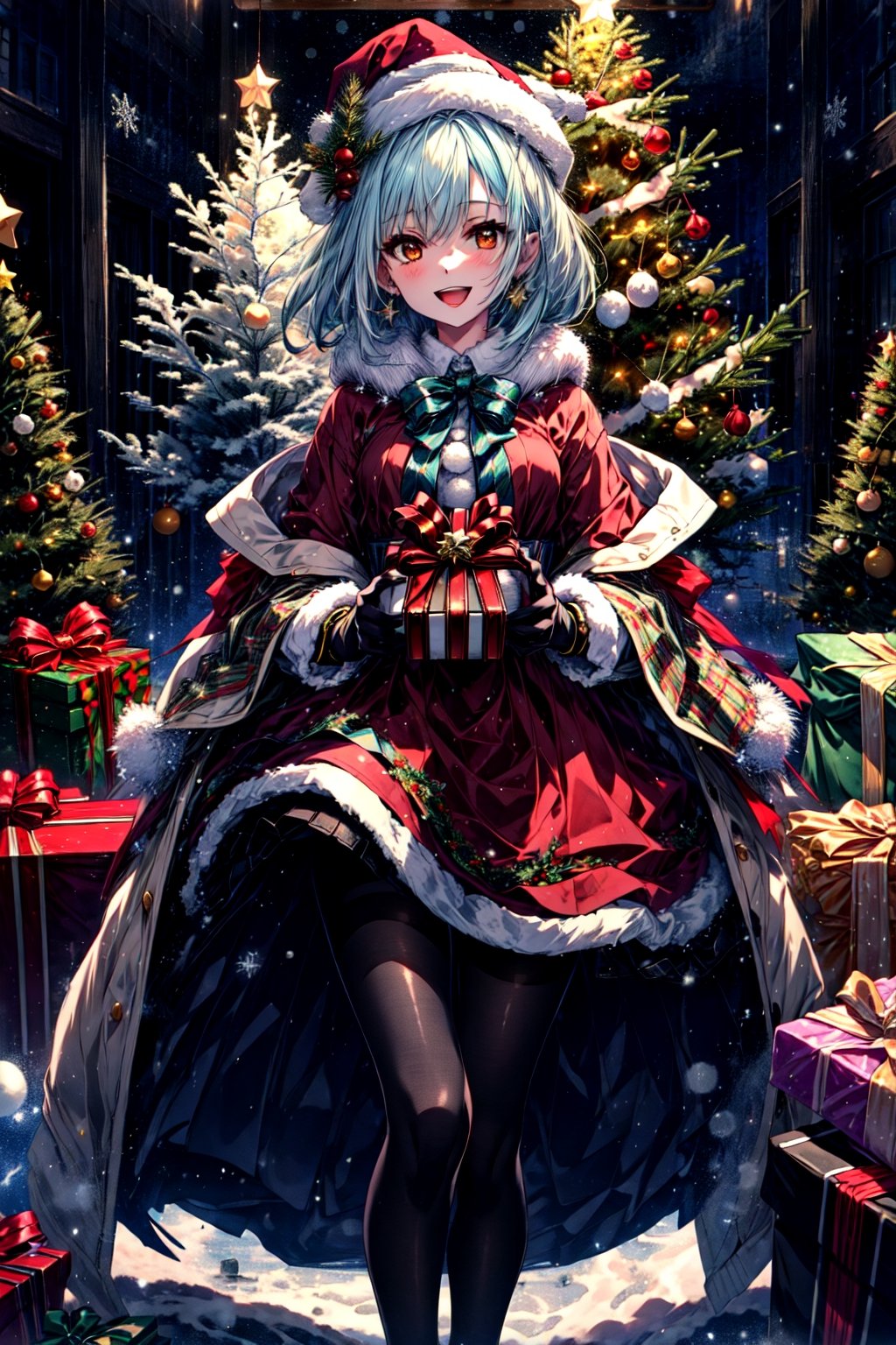 masterpiece,best quality,highres,cinematic lighting,dramatic angle,1girl,light blue hair,orange eyes,MiyakoChristmas,happy,,white and red dress,thick coat,fur trim,ribbons,bowtie,hat,pantyhose,gloves,holding gift box,christmas streetscape,christmas trees,stars,presenting gift box to viewer,:d,