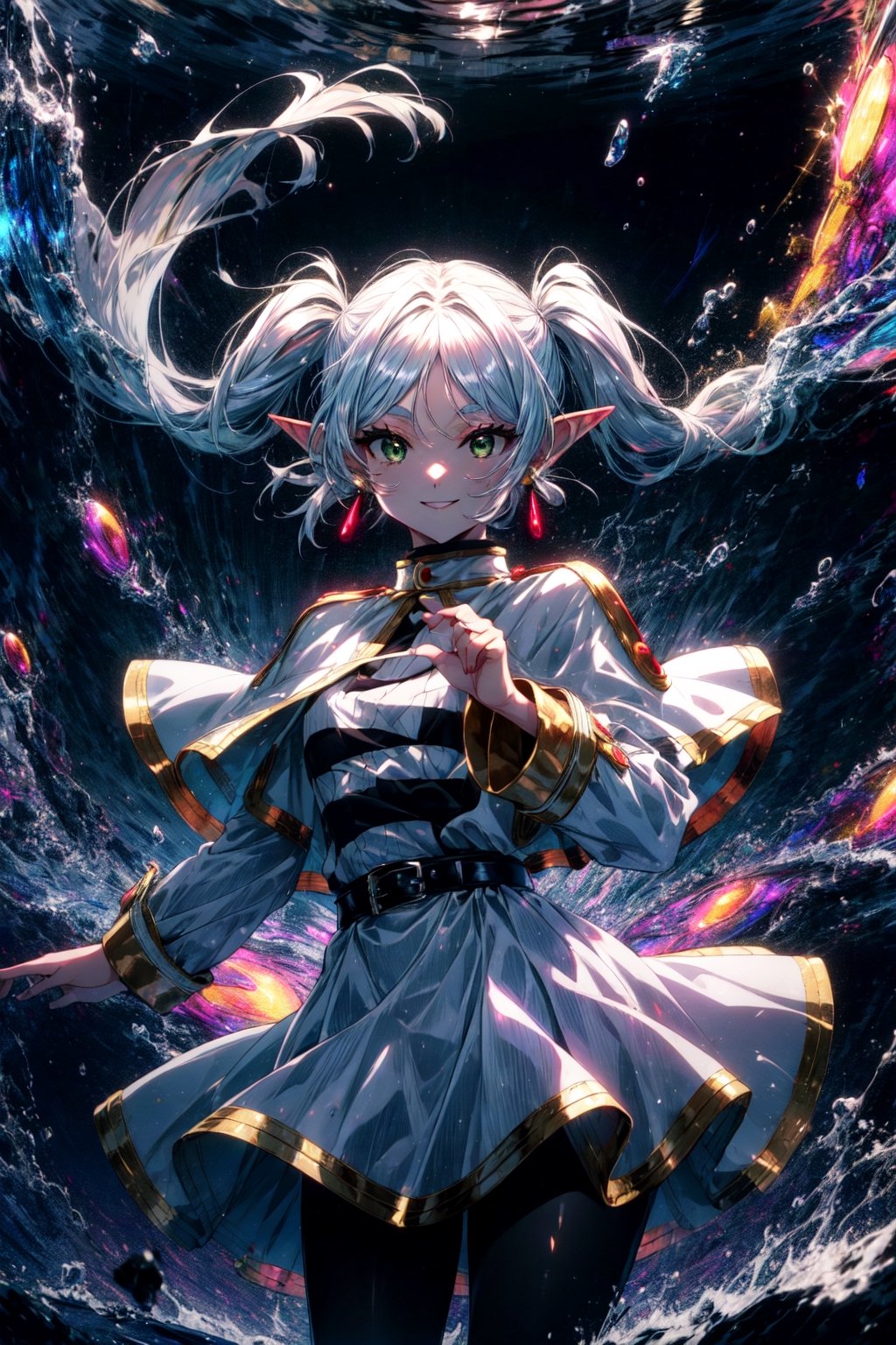 Aura, energy, glowing,swirling energy, dynamic pose,((masterpiece,best quality)), aafrie, long hair, white hair, twintails, pointy ears, earrings, green eyes, thick eyebrows, white capelet, striped shirt, long sleeves, belt, white skirt, black pantyhose , , cowboy shot,smile,