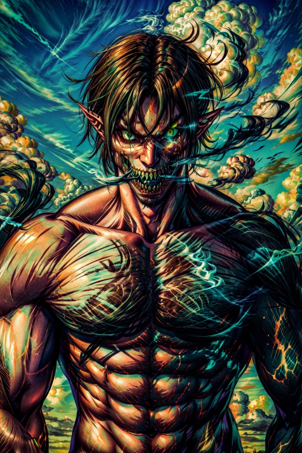  cloud, smoke,  Attack_titan, teeth, black hair, green eyes, glowing eyes, pointy ears, glowing, muscular, sharp teeth, brown hair, abs, giant, smoke,CLOUD