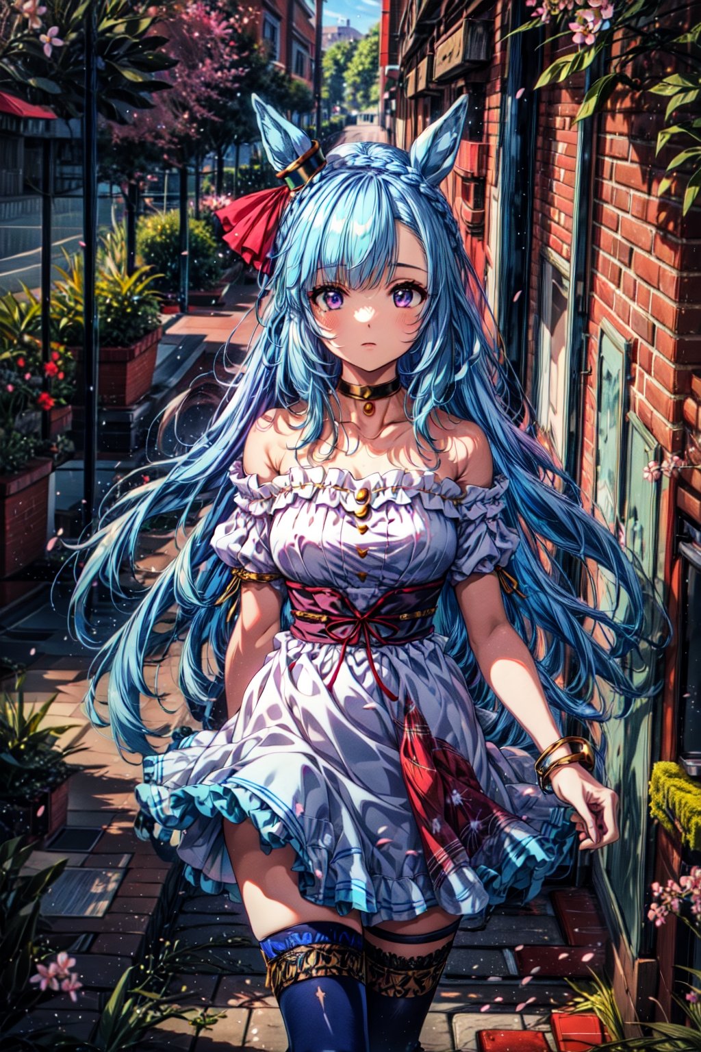 masterpiece, best quality, mejiro ardan \(umamusume\), cherry blossoms, official alternate costume, choker, detached sleeves, wrist cuffs, off-shoulder dress, white dress, strapless dress, bare shoulders, collarbone, blue thighhighs,