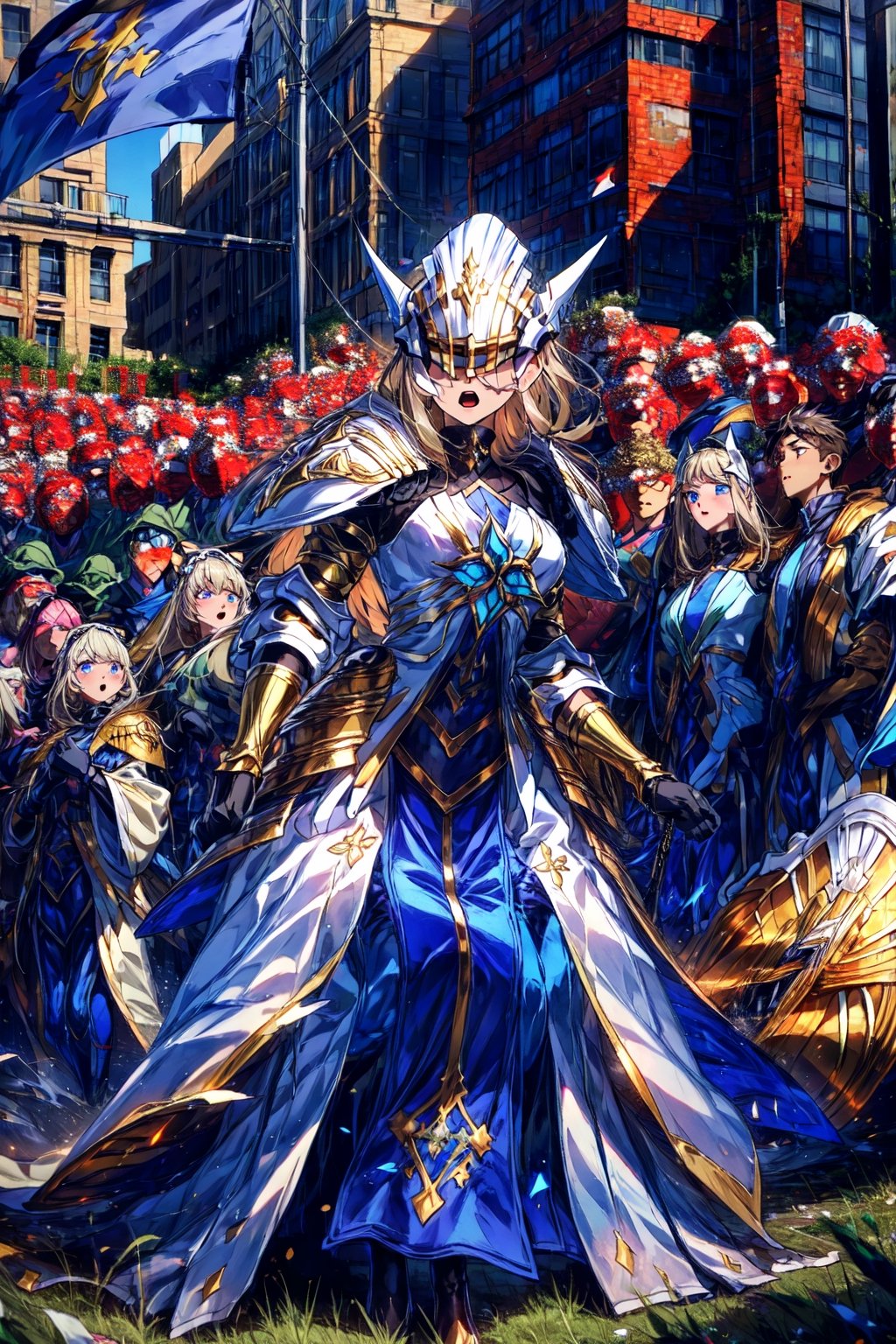 masterpiece,best quality,highres,1girl,,liberty leading the people, holding,flag,shield,white helmet,white armor,middle blue skirt,open mouth,looking to the side ,covered eyes,unevolved,alternative1,followed by crowd,standing on hill,corpses on ground,pile of corpses