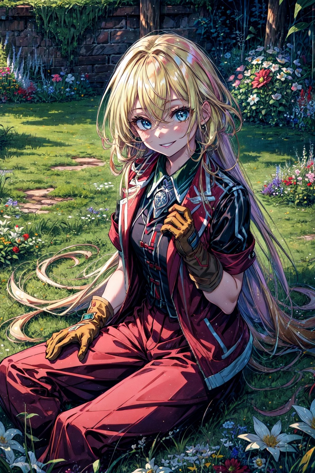 masterpiece, best quality, highres, 1girl very long hair blonde hair curly hair, red jacket whistle short sleeves brown gloves red pants  sitting, on grass, white flowers, smile, hands on own chest