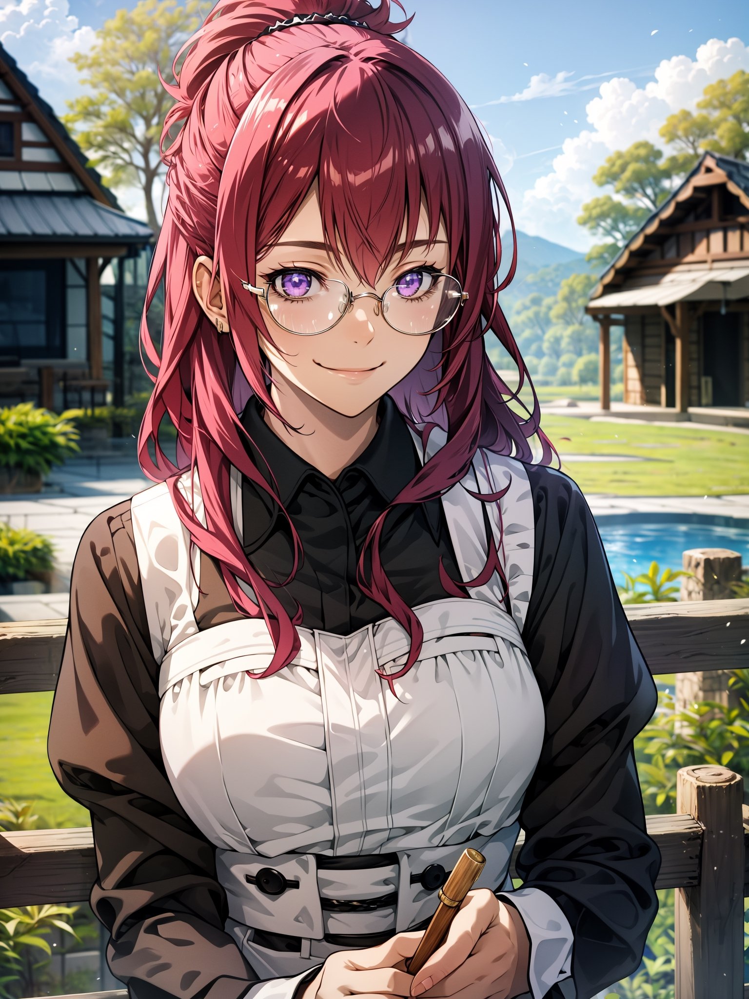 best quality, (masterpiece:1.2), detailed,,1girl, solo, closed mouth, smile,ponytail, long hair, red hair, purple eyes, glasses,maid headdress, maid, long sleeves, collared shirt, black shirt, maid apronstanding, looking at the viewer, upper body,outdoors, tree, rock, wooden fence, house