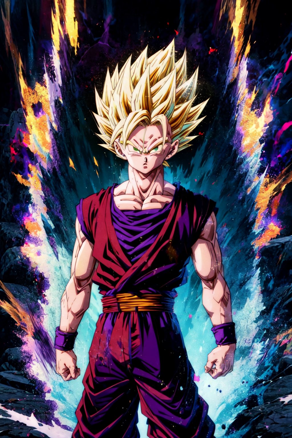 (ssj2), 1boy, yellow hair, green eyes,cowboy shot,yellow aura, electricity,naked purple dougi, purple pants, (blue wristband), red sash, sleeveless,v-neck,looking at viewer,(best quality, masterpiece),Ki Charge