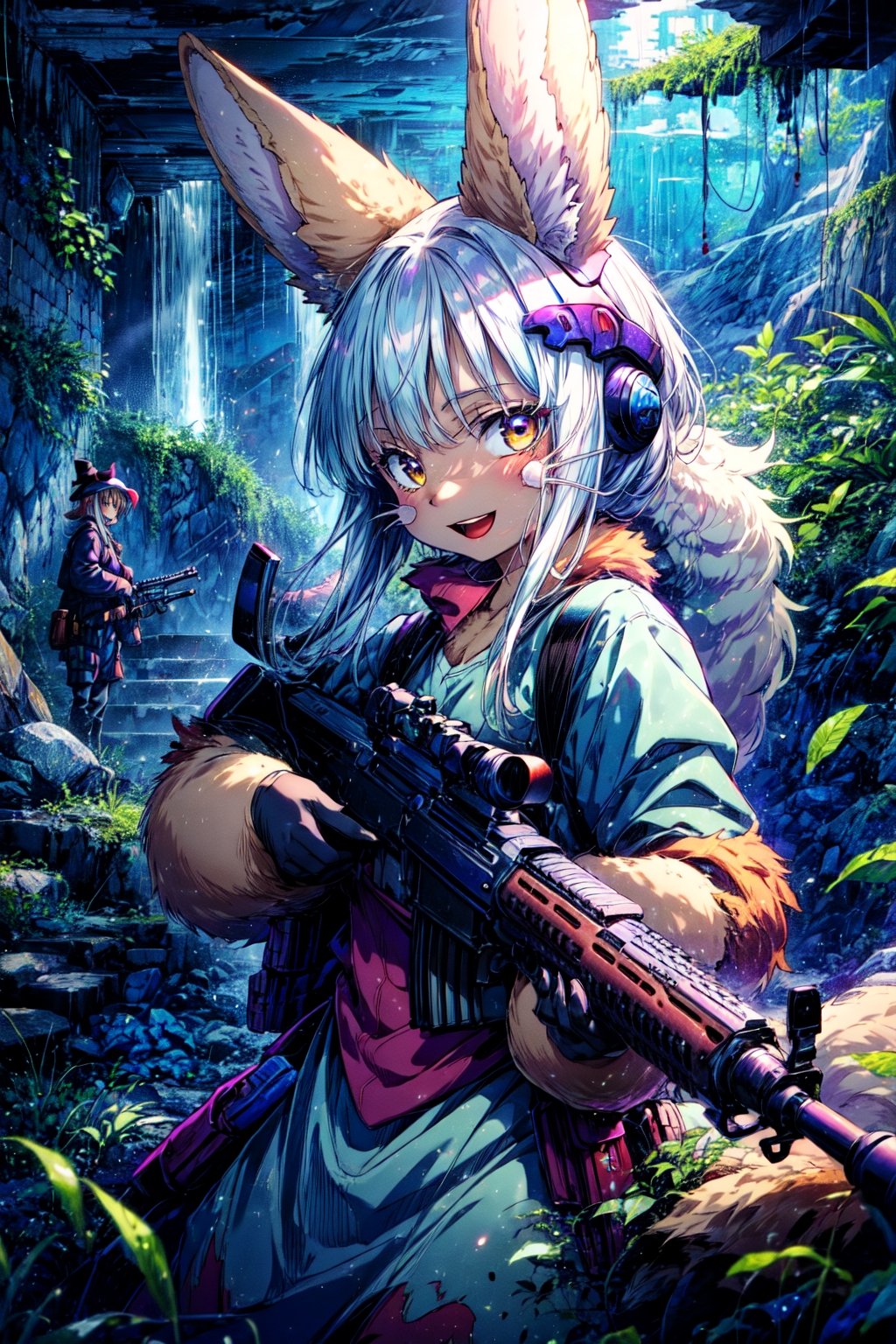 ((masterpiece, best quality, game cg)), alley, indoors, industrial pipe, air conditioner, dark lighting, garbage, garbage bin, face focus, portrait, avatar, fluffy, :D, cute, 1girl, solo, furry, (nanachi \(made in abyss\):1.3), looking at viewer, smile, forest background, tactical clothes, moonlight, blue glow, halo, gun, h&k hk416, carbine, holding weapon, assault rifle, aiming at viewer