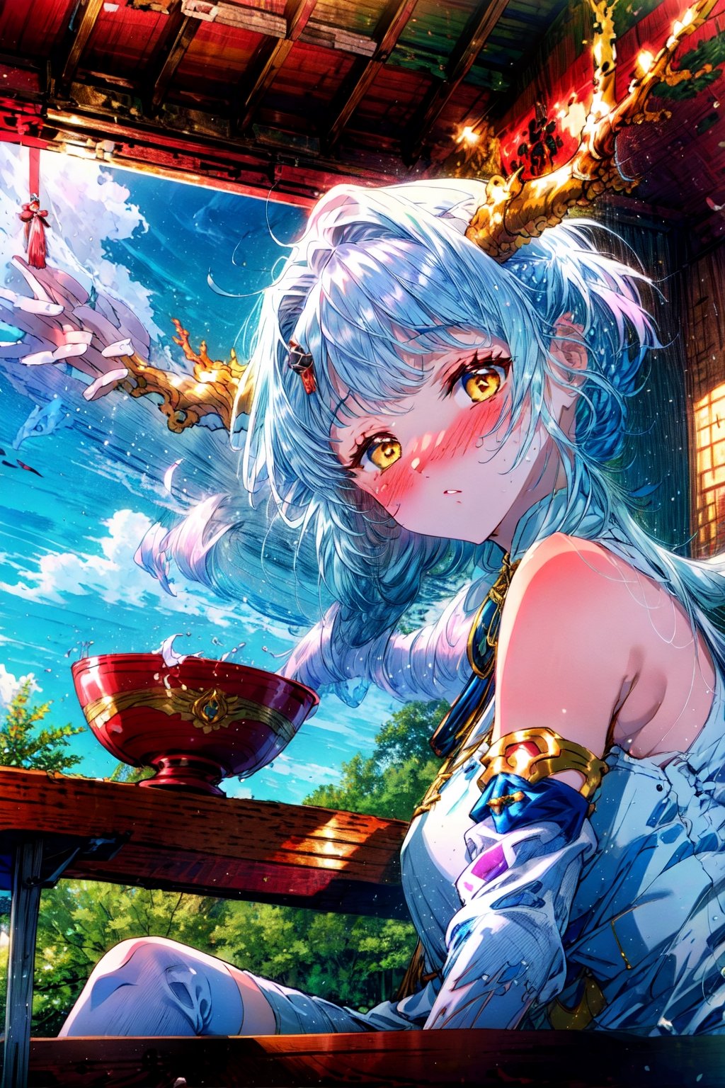 masterpiece,best quality,highres,1girl,,1girl,silong,horns,white dress,white gloves,white thighhighs,shy,sweaty,table,drunk,bowl,sake,from side,upper body,elbows on desk,questioning,(blush:1.2),lying on the table,sitting,(half-closed eyes:0.5),detached sleeves,CLOUD