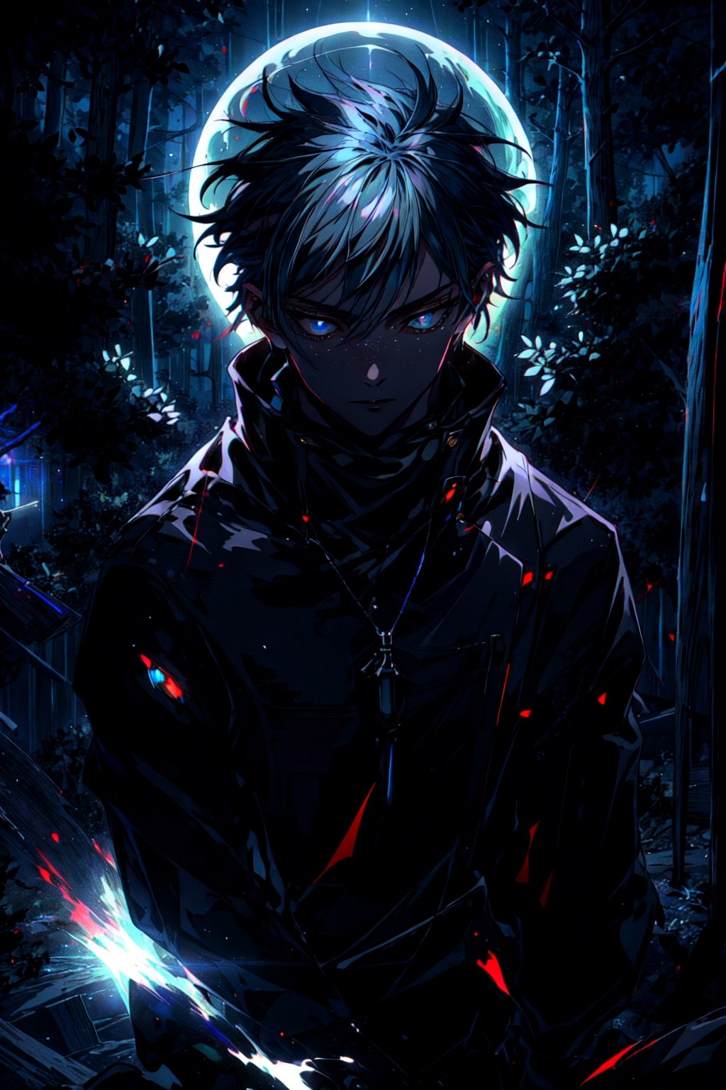 1boy, Megumi a man in a black coat and black pants, (masterpiece), best quality, highres, (realistic face:1.1), (hyperrealistic:1.3), 4k, 8k, Detailed Illustration, intricate detail, glowing particles, floating, cinematic lighting, sharp shadows, amazing quality, amazing shading, (symetrical:0.5), facing camera, ultra-detailed, black default_outfit , ((upperbody)), night, moon, full moon, detailed forest, detailed background, (outdoors:1.3), (dark_forest background:1.3), sitting,relaxed, blue eyes, looking at viewer, detailed eyes, detailed face, realistic,aura_power,Circle