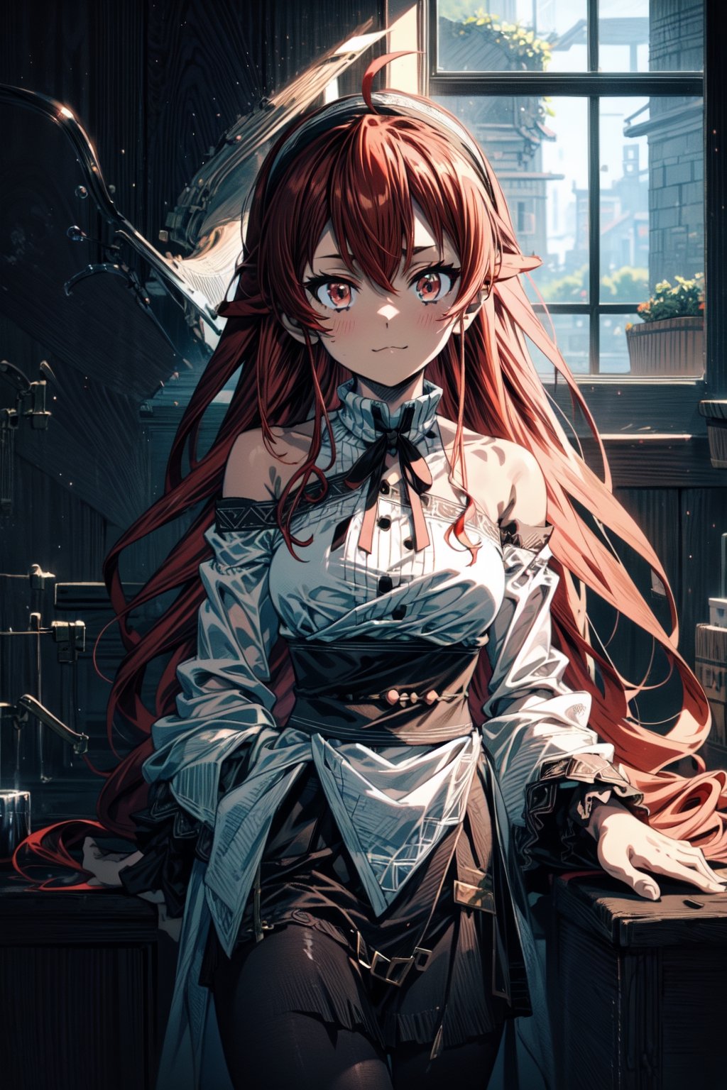 best quality, (masterpiece:1.2), detailed,,1girl, solo, closed mouth, slight smile,long hair, red hair, ahoge, red eyes, black hairband,white dress, bare shoulders, neck ribbon, black ribbon, dark brown skirt, long sleevesstanding, looking at the viewer,indoors, window