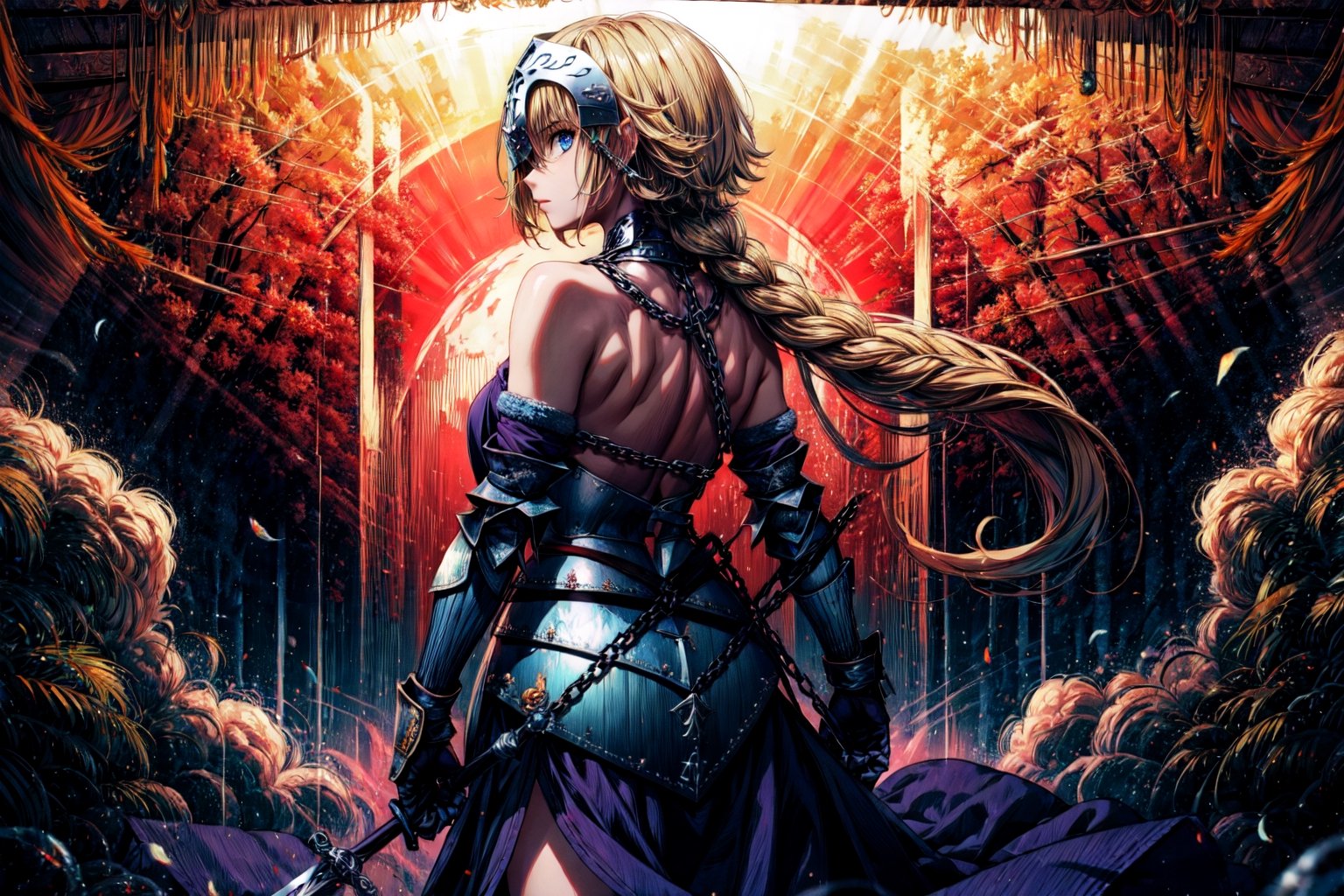 masterpiece, best quality,1girl,,solo, long hair, blonde hair, jeanne d'arc (fate), armor, blue eyes, weapon,back,(bare back:1.2),bare shoulder,chain in back,chain on back, sword, armored dress, gauntlets, headpiece, jeanne d'arc (third ascension) (fate),(kbxll:1),perfecteyes