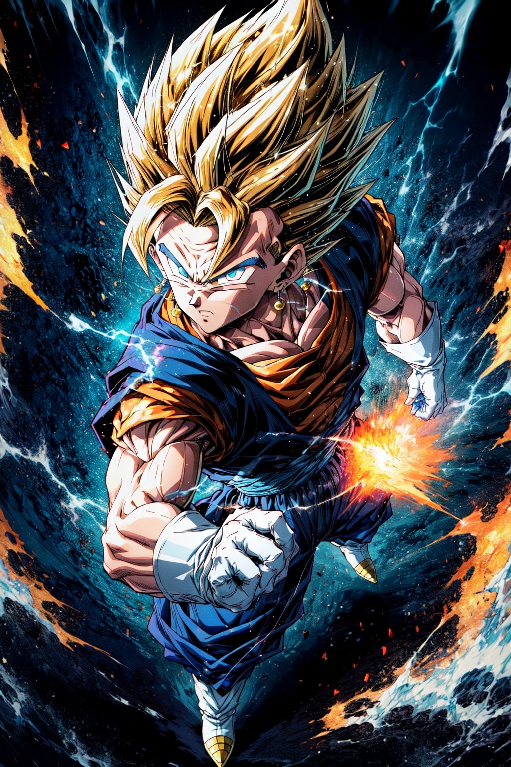 from above,one boy focus, vegetto, super saiyan, looking at viewer,fighting stance, flying, blonde spiked hair, blue eyes, dougi, white boots, white gloves, pectorals, surrounded by yellow lightning, dramtic lighting,