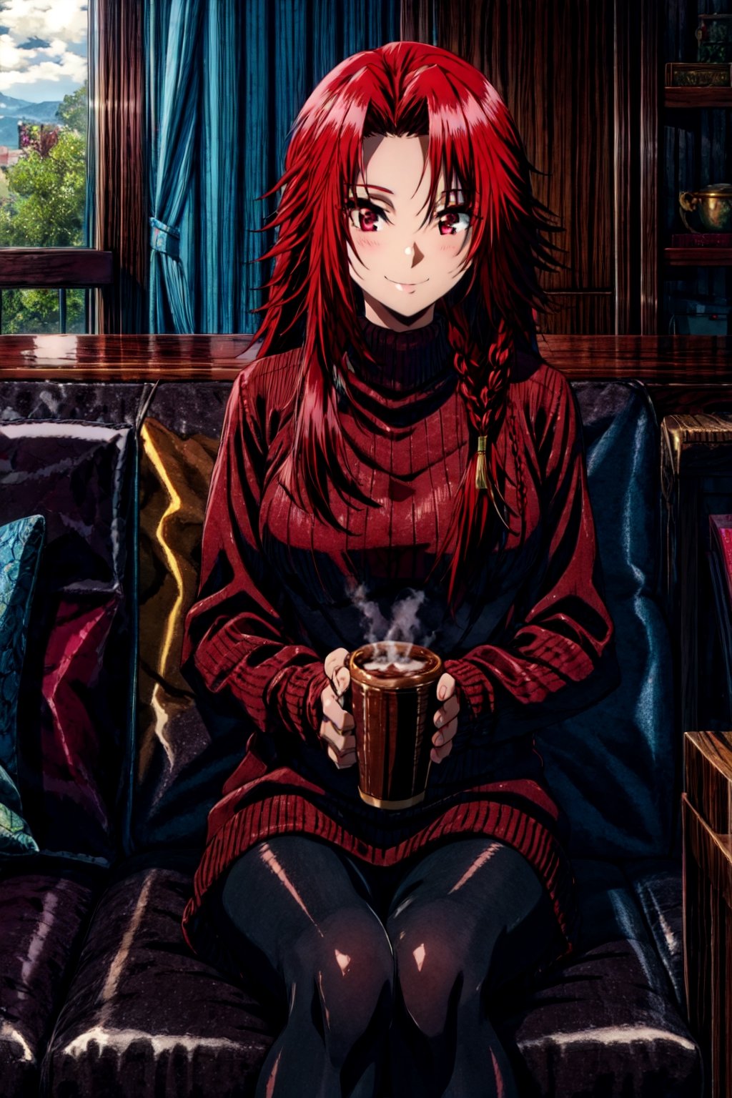 masterpiece, best quality, IrisMidgarV4, 1girl, solo, long hair, red eyes, braid, red hair, long sweater, pantyhose, sitting, indoors, smile, holding, cup, coffee, couch,