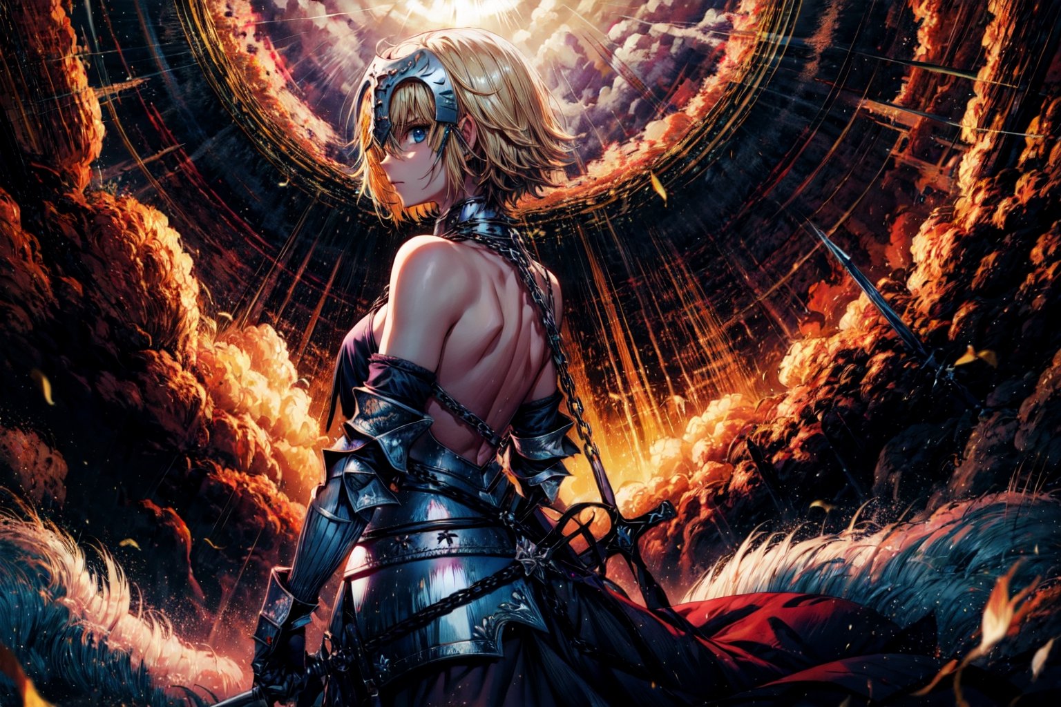 masterpiece, best quality,1girl,,solo, long hair, blonde hair, jeanne d'arc (fate), armor, blue eyes, weapon,back,(bare back:1.2),bare shoulder,chain in back,chain on back, sword, armored dress, gauntlets, headpiece, jeanne d'arc (third ascension) (fate),(kbxll:1),perfecteyes