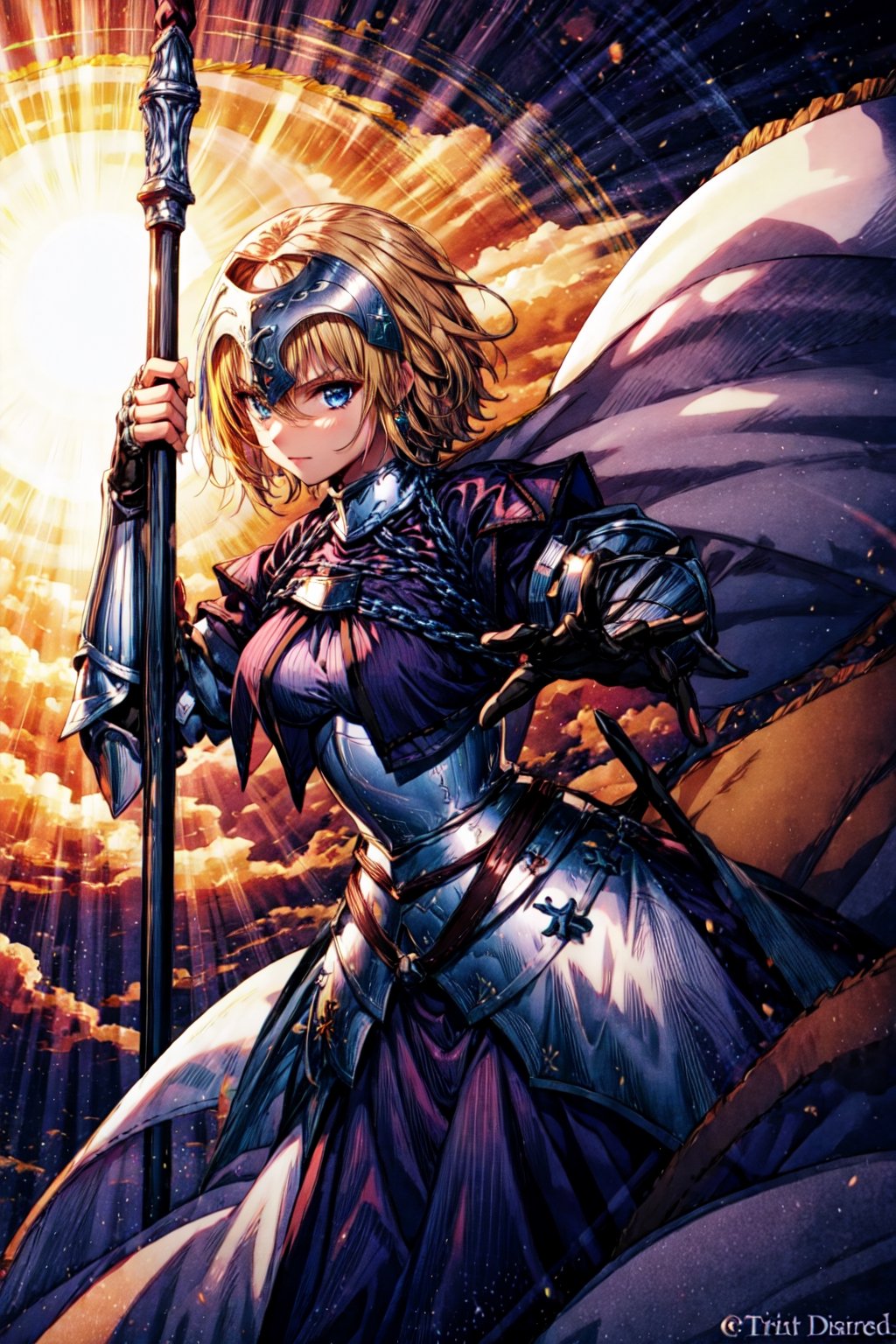 masterpiece, best quality, 1girl, solo, long hair, blonde hair, jeanne d'arc (fate), armor, blue eyes, weapon, sword, armored dress, gauntlets, headpiece, jeanne d'arc (third ascension) (fate),(kbxll:0.6),CLOUD,Circle