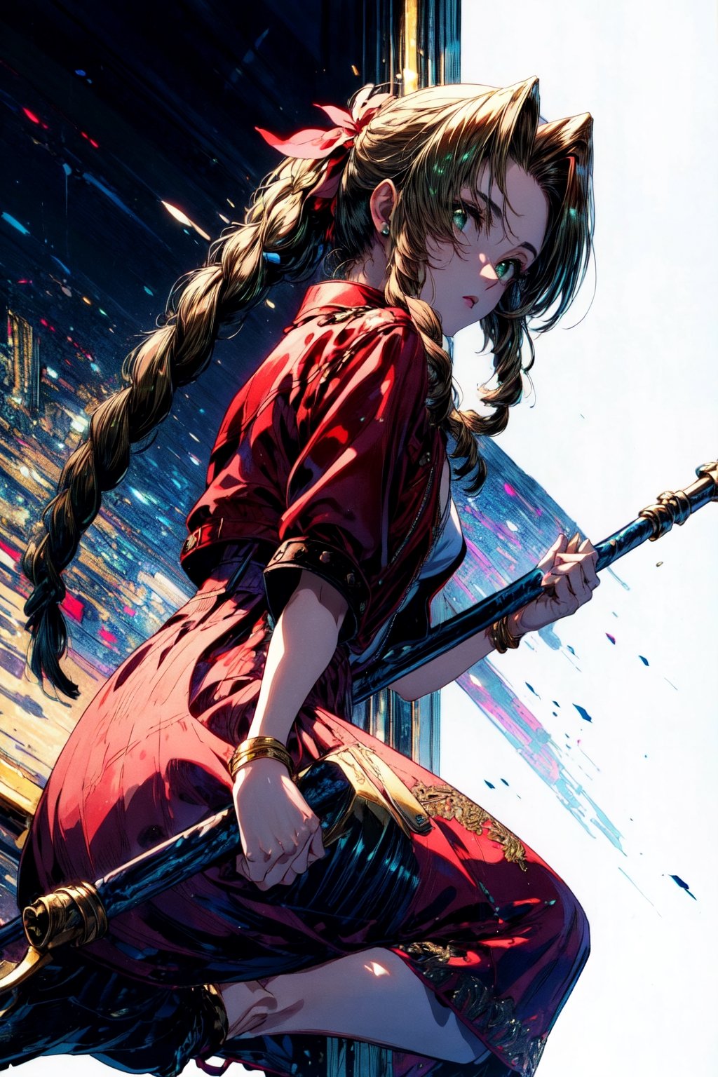 (best quality, masterpiece, colorful, highest detailed, Aerith Gainsborough), full body photo, fashion photography of double braid brunette (Aerith Gainsborough:1.3), striking clear detailed emerald green eyes, red jacket on top of long pink summer dress (high resolution textures), front view, looking at viewer, holding simple long metal double staff, action pose, bokeh, (intricate details, hyperdetailed:1.15), detailed, white background, (Final Fantasy VII official art, extreme detailed, highest detailed)