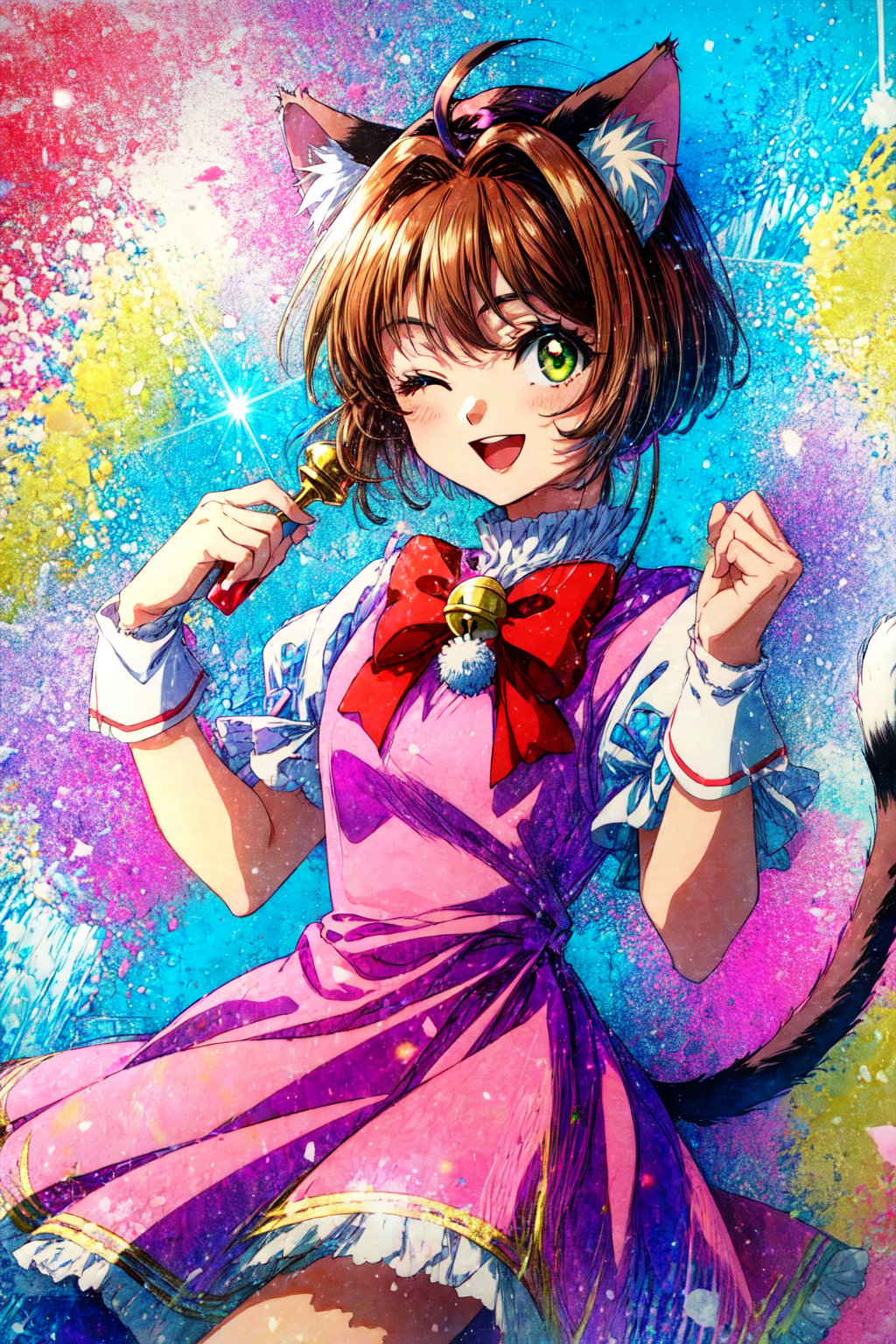 1girl, kinomoto sakura, animal ears, one eye closed, cat ears, solo, tail, brown hair, bell, green eyescat tail, magical girl, dress, paw pose, short hair, smile, open mouth, 1990s (style), retro artstyle, ;d, jingle bell, wand, looking at viewer, pink dress, antenna hair,