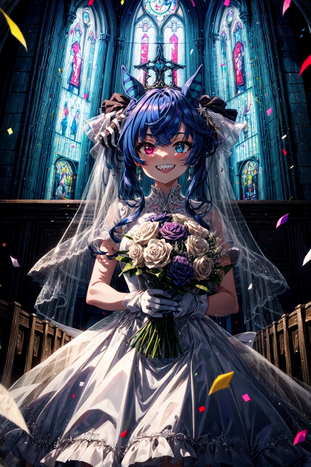 masterpiece, best quality, highres, aatwin, sharp teeth, horse tail, heterochromia, twintails, long hair, , wedding dress, white gloves, bouquet, smile, grin, church, confetti,