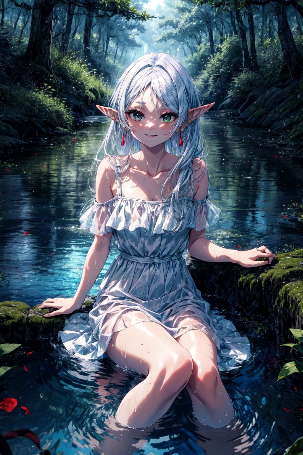 masterpiece, best quality, highres, aafrie, long hair, white hair, parted bangs, pointy ears, earrings, thick eyebrows, collarbone, bare shoulders, white dress, sleeveless dress, , sitting, water, partially submerged, smile, forest