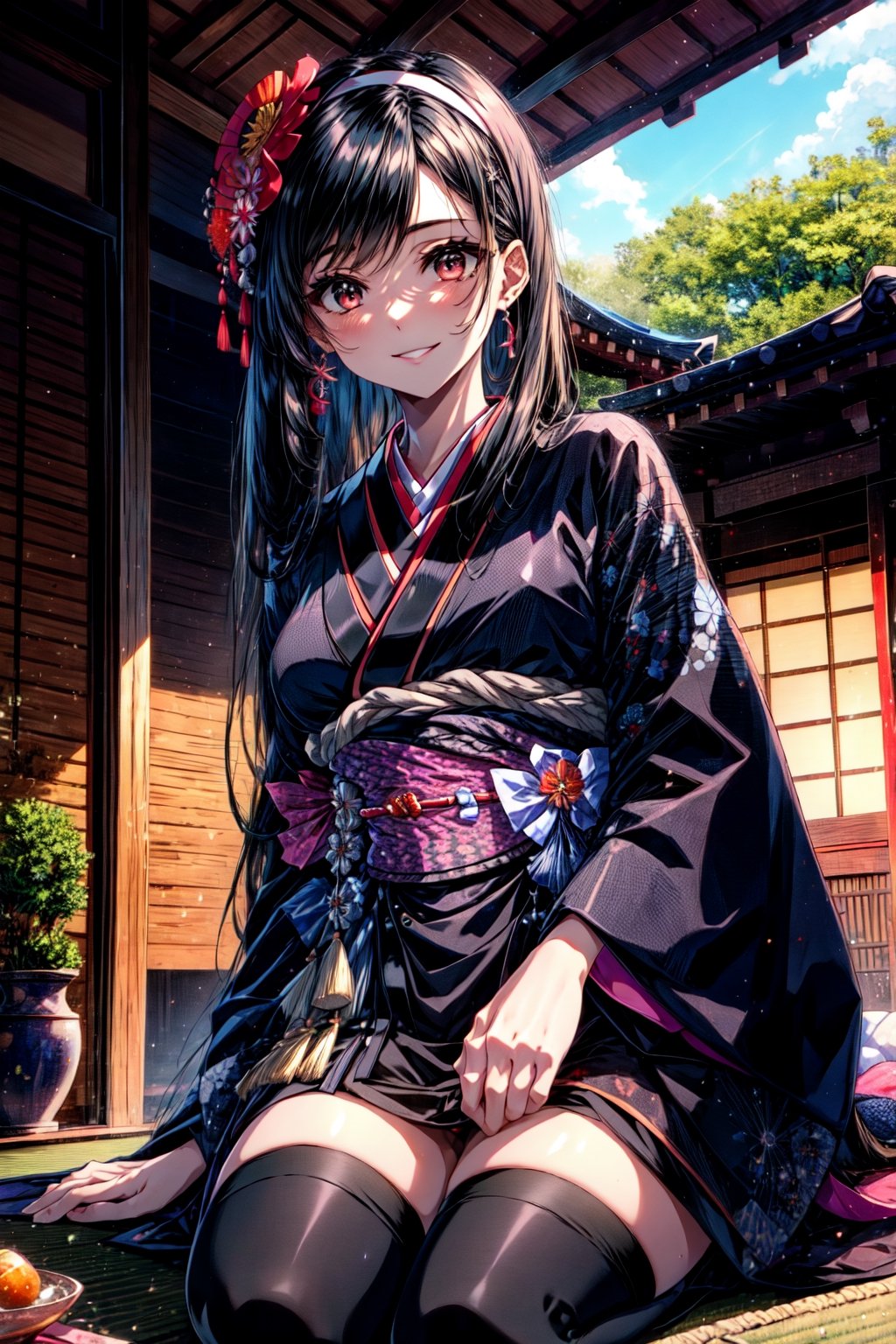 masterpiece, best quality, edTifa, hairband, hair flower, black kimono, sash, black thighhighs, japanese house, seiza, hands on own lap, looking at viewer, smile