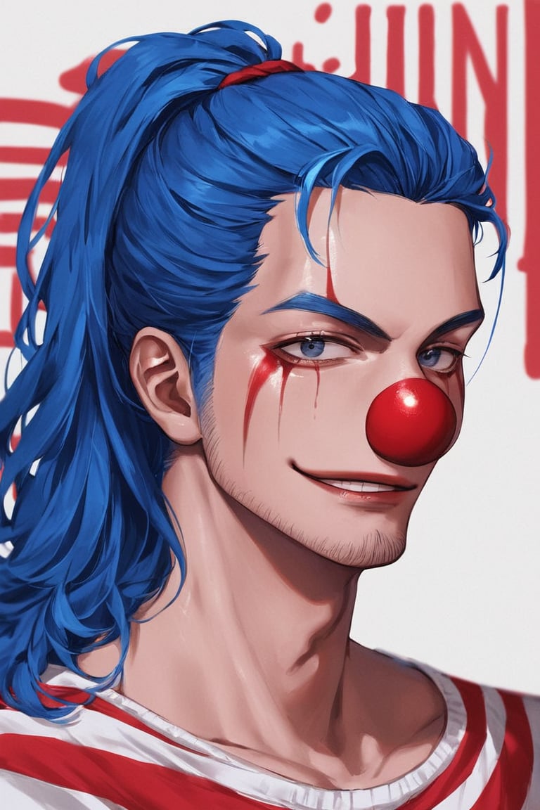 score_9, score_8_up, score_7_up, source_anime, solo, 1boy, Buggy, blue hair, clown nose, clown makeup, ponytail, red and white striped shirt, chin hair, crooked smirk, man, portrait, close up, standing, looking at viewer, perfect face, standing, patterned background