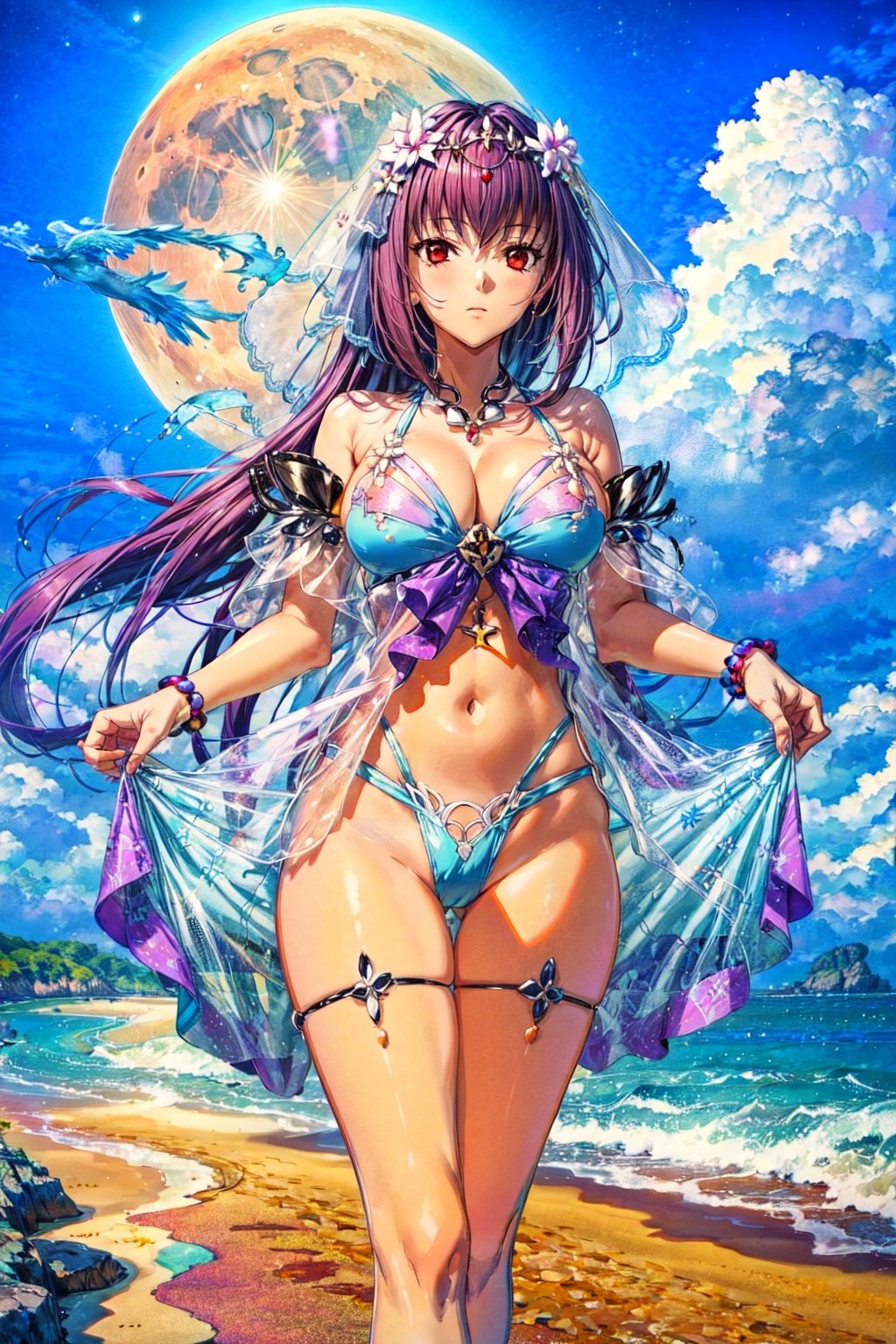 masterpiece,best quality,1girl,solo,mature female,scathach skadi \(fate\),R3,3rdSwimsuit,veil,looking at viewer,beach,ocean,night,moon,from below,CLOUD