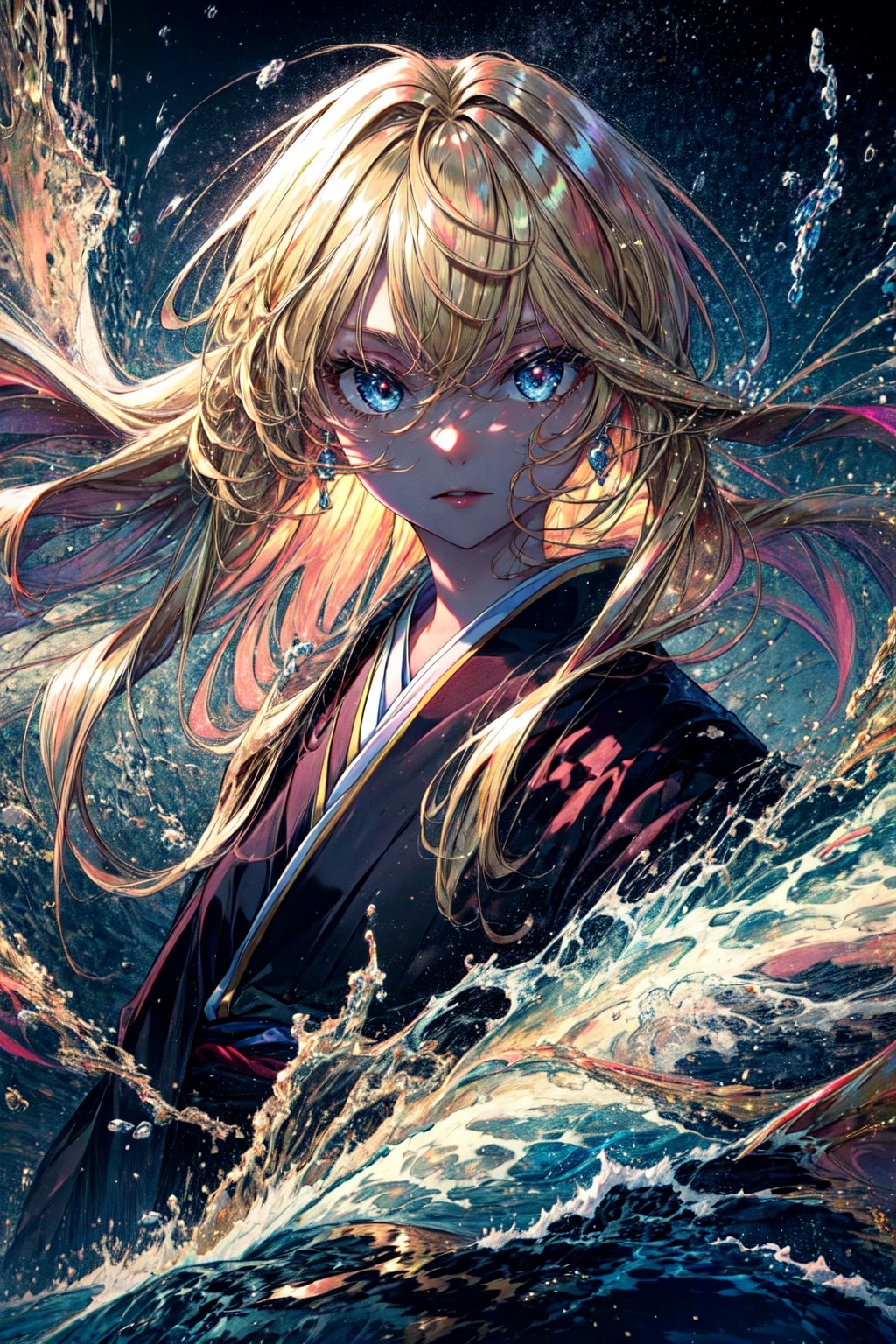 masterpiece, best quality, highres, 1girl very long hair blonde hair curly hair  kimono