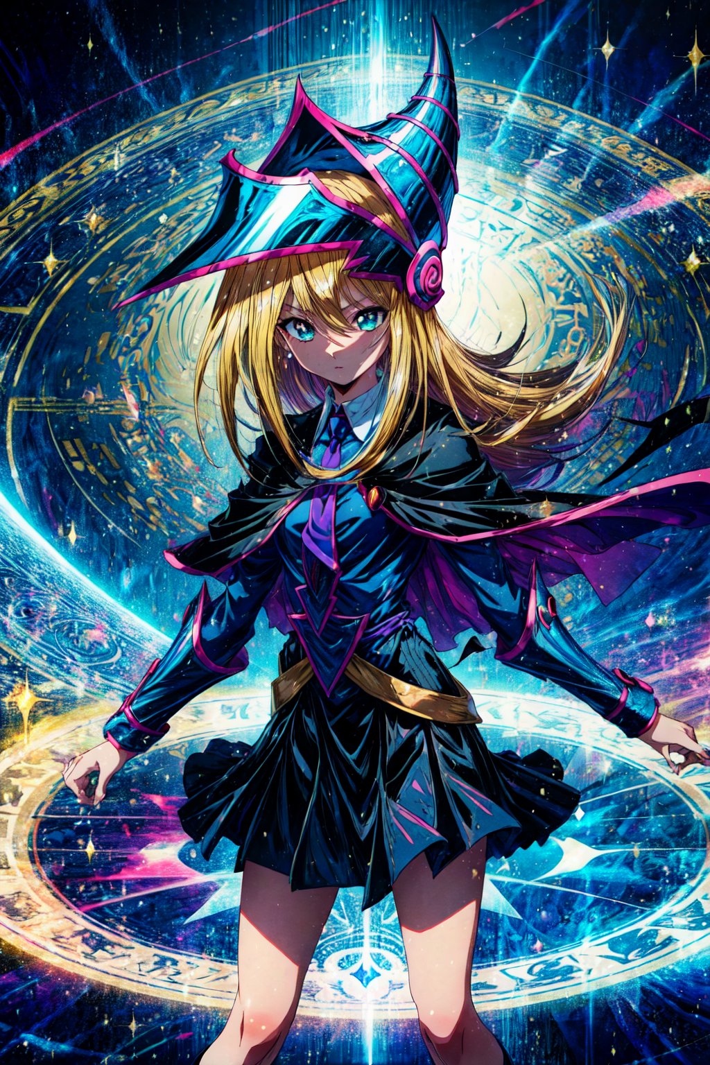 masterpiece, best quality, highres, long hair, school uniform, Blue_necktie, black jacket, open jacket, long sleeves, black skirt, , wizard hatyugioh,illustration, ,hmdmg1, dark magician girl yugioh, command spell, magic, magic circle,