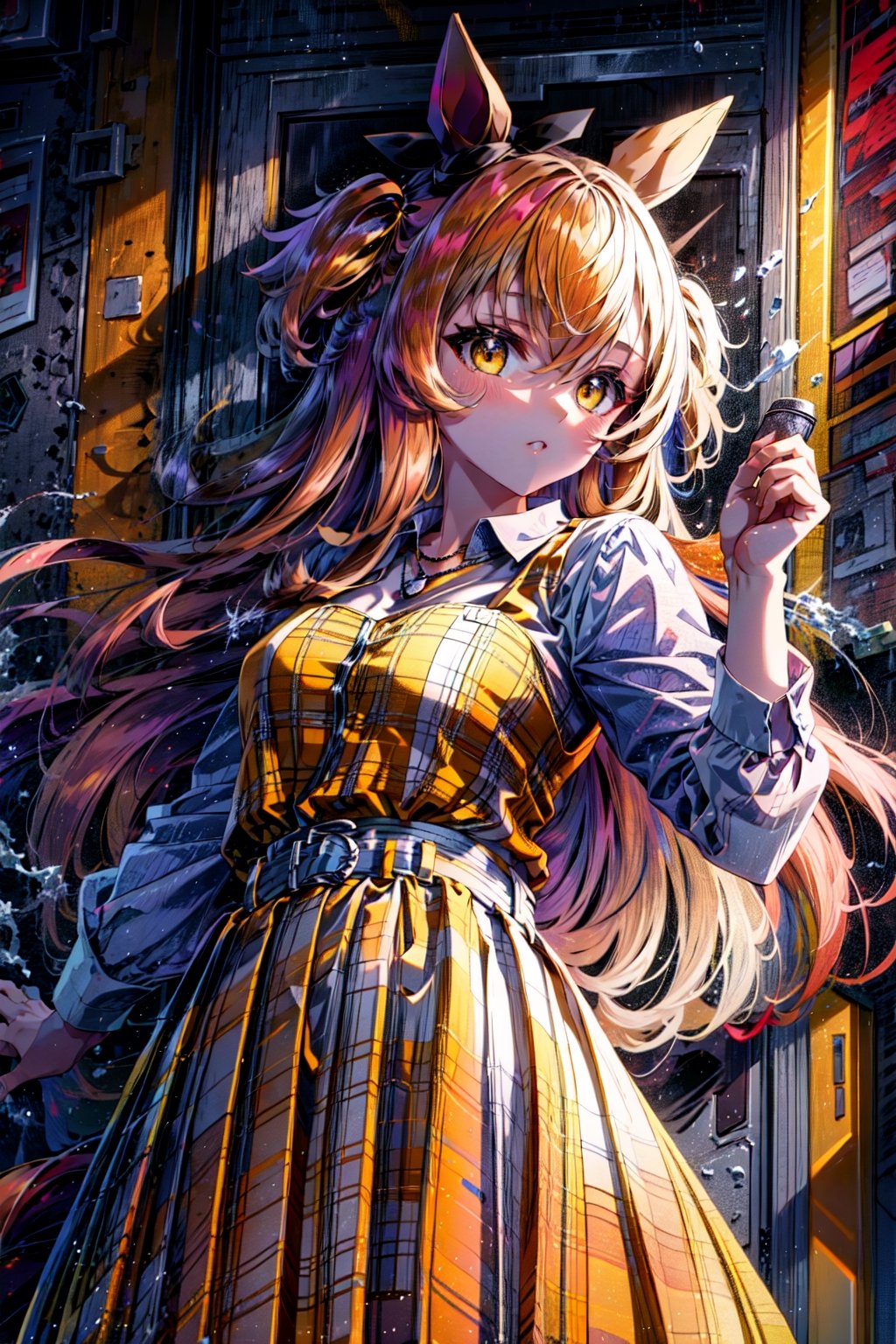 masterpiece, best quality, mayano topgun \(umamusume\), long sleeves, white shirt, plaid skirt, pleated skirt, yellow skirt, white belt, belt buckle, yellow vest, orange skirt,