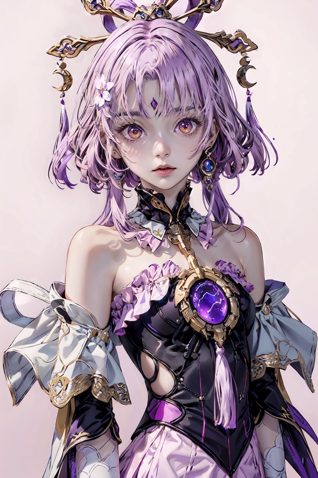 masterpiece, best quality, , 1girl, official, loli, purple and yellow eyes, purple hair, bare shoulders, detached sleeves, hair ornament, upper body, looking at viewer, pink background, simple background, white background,