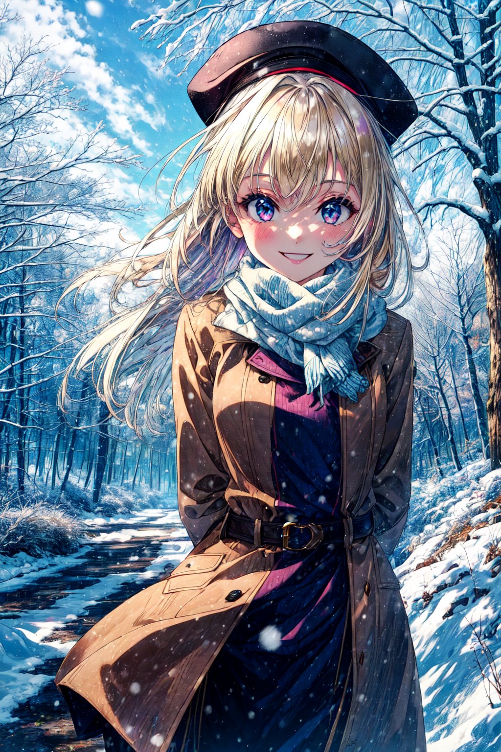 masterpiece,best quality,1girl,FSNwinter,Winterclothing,hat,long hair,smile,arms behind back,forest,outdoors,snow,