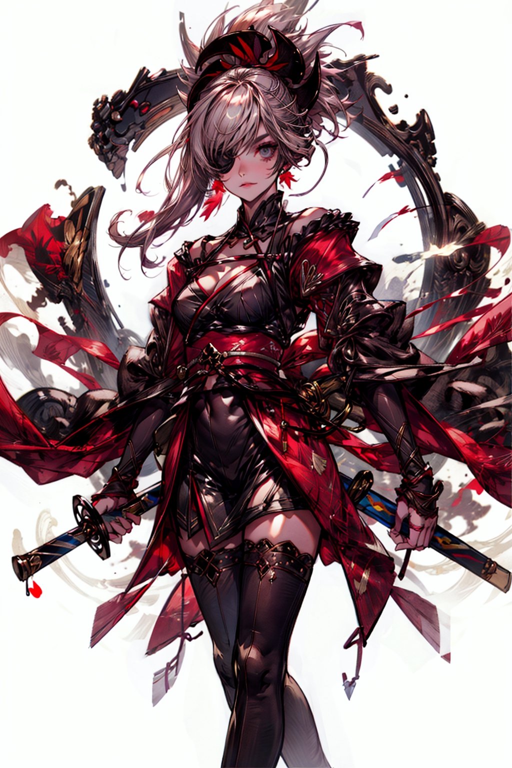 masterpiece, best quality, high resolution, Saber2, Advanced Clothing, 1girl, solo, weapon, holding, sword, dual wielding, holding sword, holding weapon, cleavage, hair ornament, eyepatch, looking at viewer, unsheathed, standing, long hair, sheath, fire, collarbone, medium breasts, swept bangs, autumn leaves, closed mouth, FGOMusashi:0.8