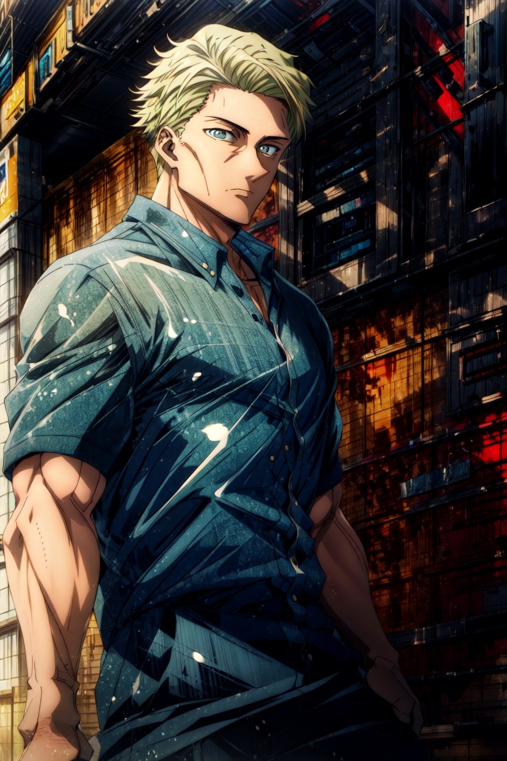 masterpiece, hyper detailed, highres, good anatomy, solo, nanami, blue shirt, suit, action pose, pants, square jaw, muscular male, (middle-aged man:1.3), looking at viewer, 1boy,