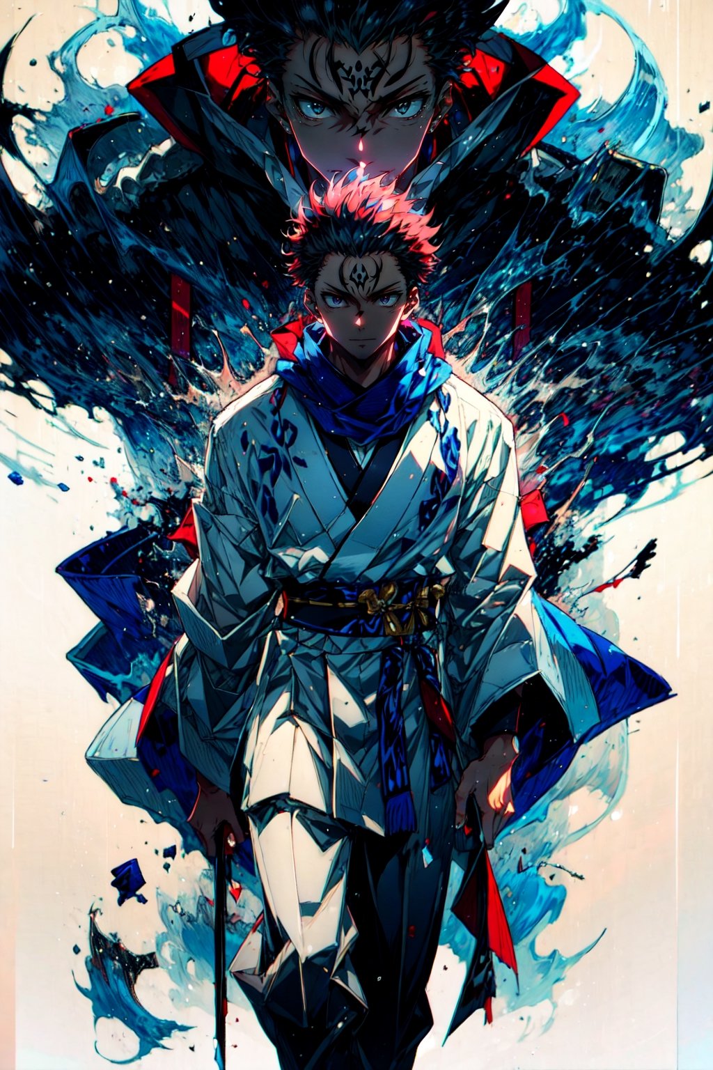 masterpiece,high quality,solo, simple background,,RyomenSukuna,1man, blue scarf,japanese clothes,white kimono,wide sleeves,long sleeves, obi, tabi,zouri,walking,SUKUNA