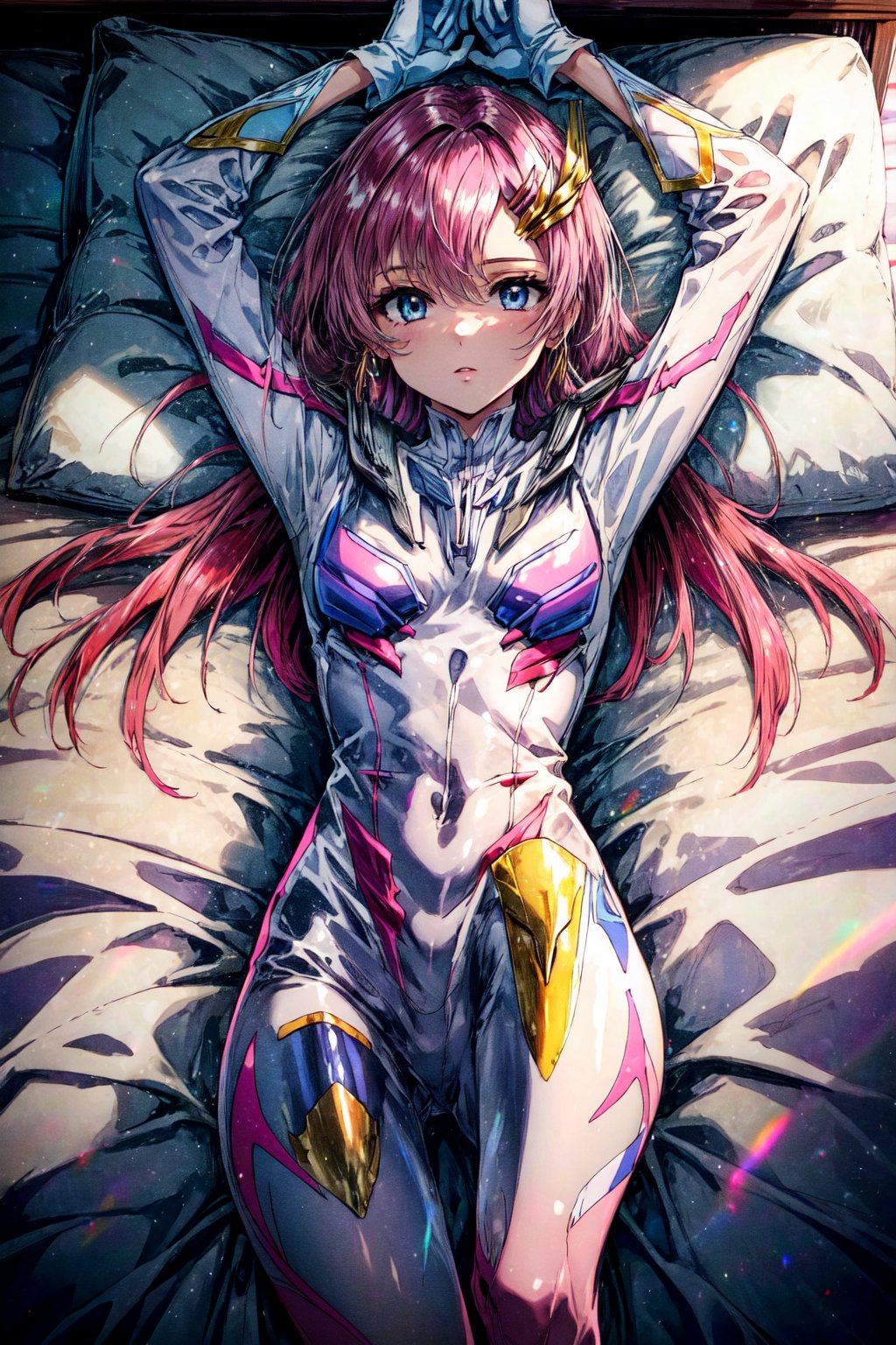 masterpiece, best quality, highres, 1girl hair ornament, pilot suit white gloves  lying on back, bed sheet, arms up