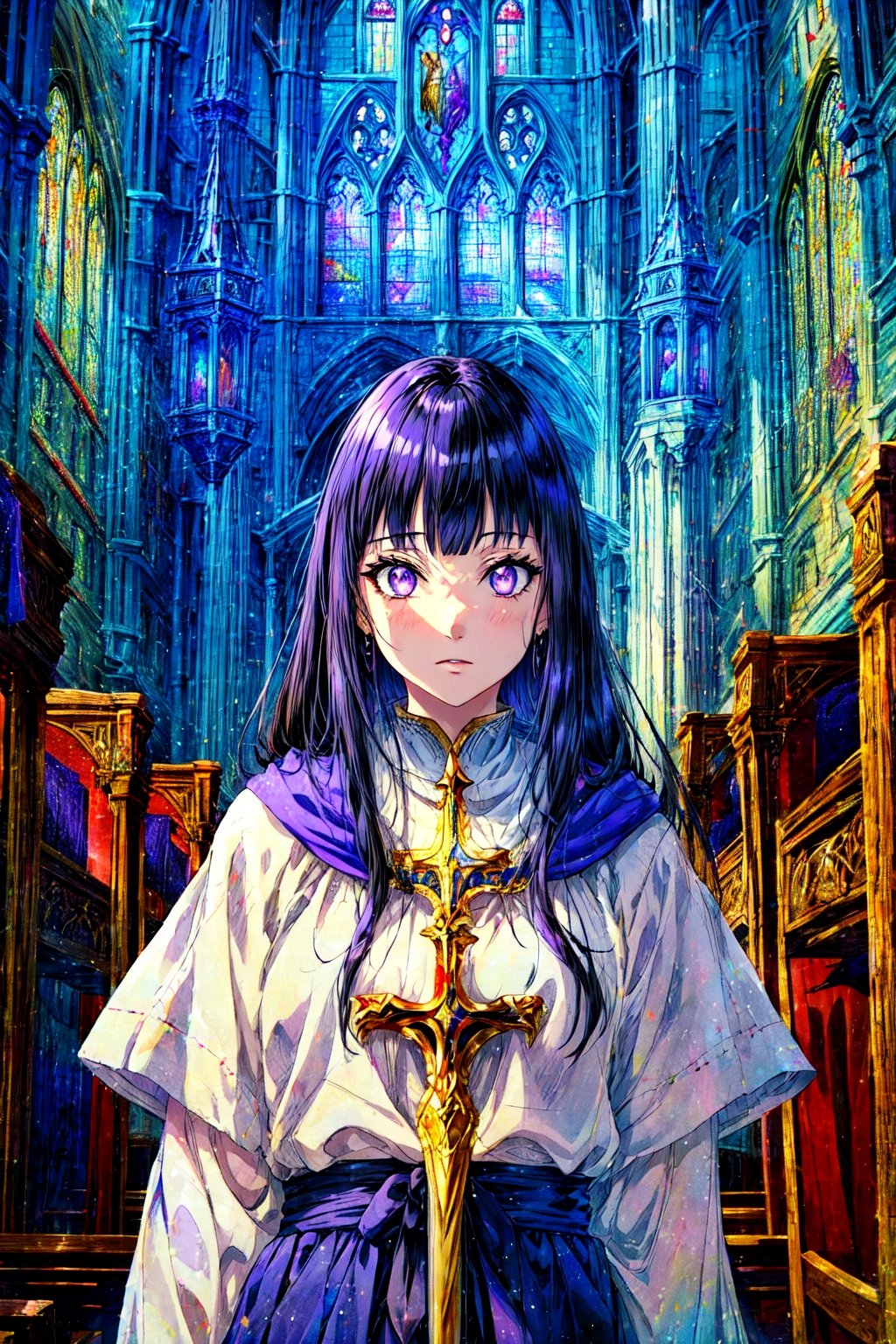 core_9, score_8_up, score_7_up, 1girl, hinata, hyuuga hinata, purple eyes, blunt bangs, black hair, white eyes, no pupils, fantasy priestess, staff, adventurer, fantasy clothes, fantasy, zPDXL, in a church, cathedral , medieval, dark fantasy themes,    concept art, digital art