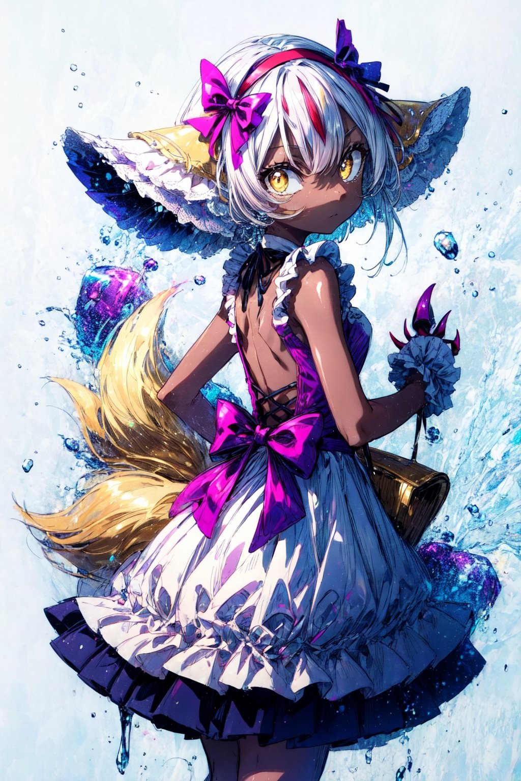 faputa looking at viewer, 4arms, curious expression, yellow eyes, ears down, white eyelashes, faputail, top arms out, fapuclaws, fapuhooves, bottom arms out, legs together, holding skirt, simple background, white background, dress, bow, closed mouth, standing, full body, hairband, frills, alternate costume, looking back, from behind, apron, from side, frilled dress, bright pupils, furry, frilled apron, purple bow, back bow, frilled hairband digital illustration,