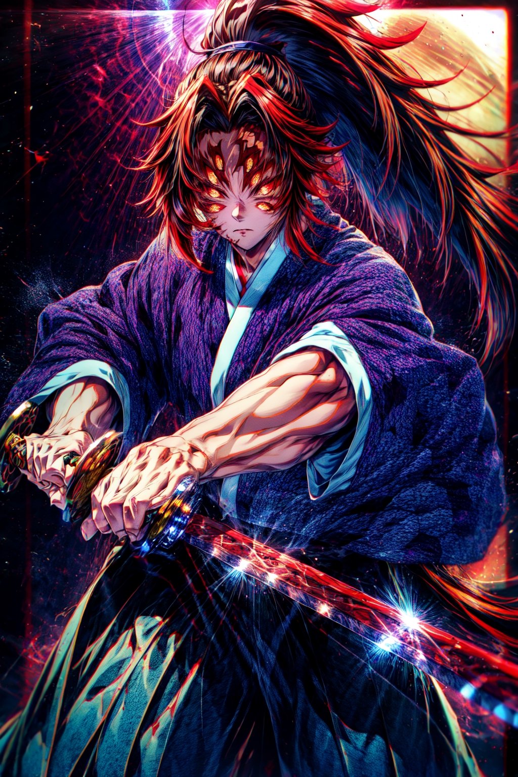 Kokoshubi 1man , long hair ponytail with red highlight , fight stance , stiing with katana in hand ,kbkatana ,master piece , rim light , best quality, extremely detailed, detailed background