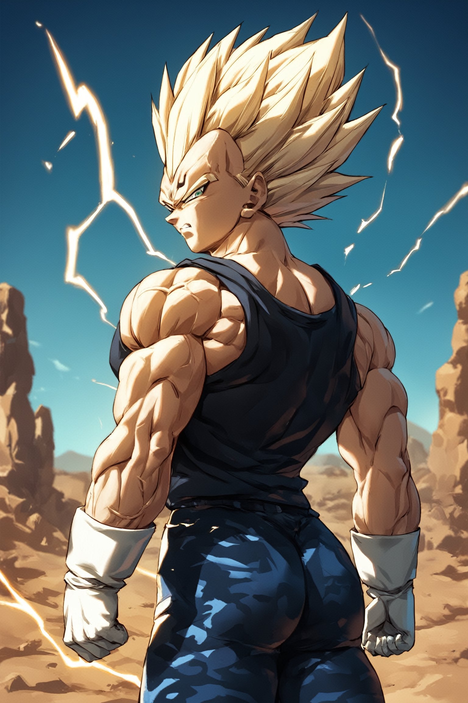 score_9, score_8_up, score_7_up,source_anime, Majin, muscle veins, flexed muscles, Vegeta wearing a black tank top and large camouflage pants, yellow lightning around the character, desert background, looking angry at the viewer, view from behind, looking back at the viewer