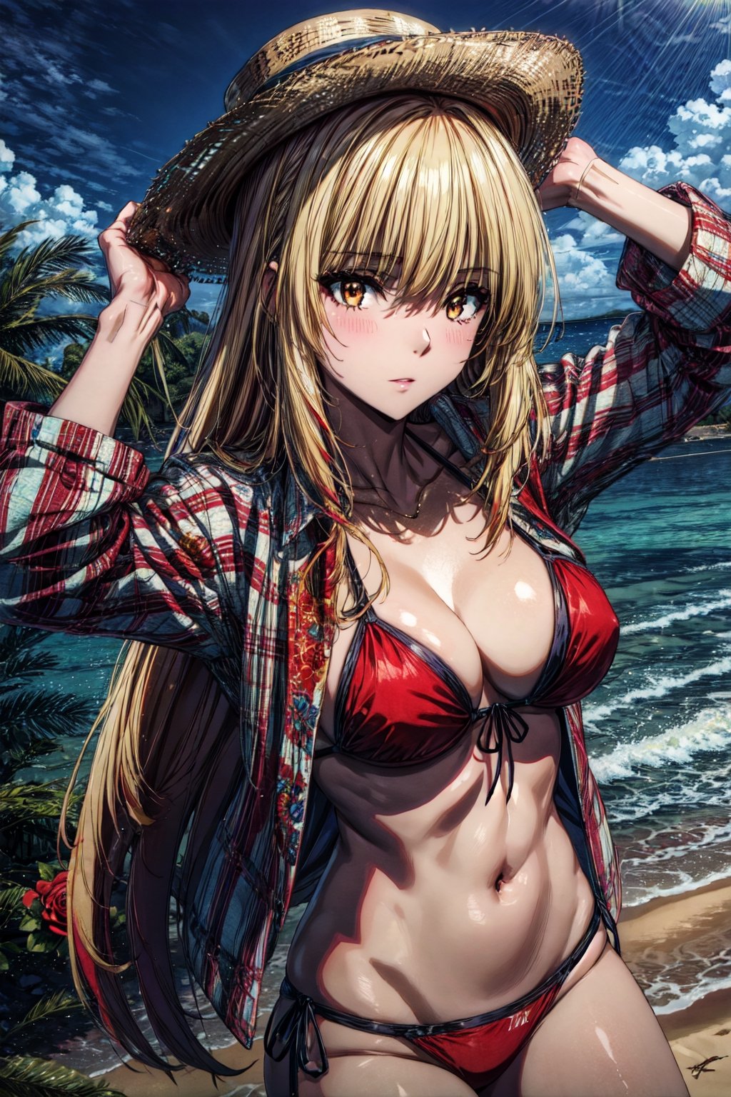 ((masterpiece, best quality, high quality, highres)):1.2, outdoors, beach bikini, red bikini, Rose, blonde hair, hair over shoulder,