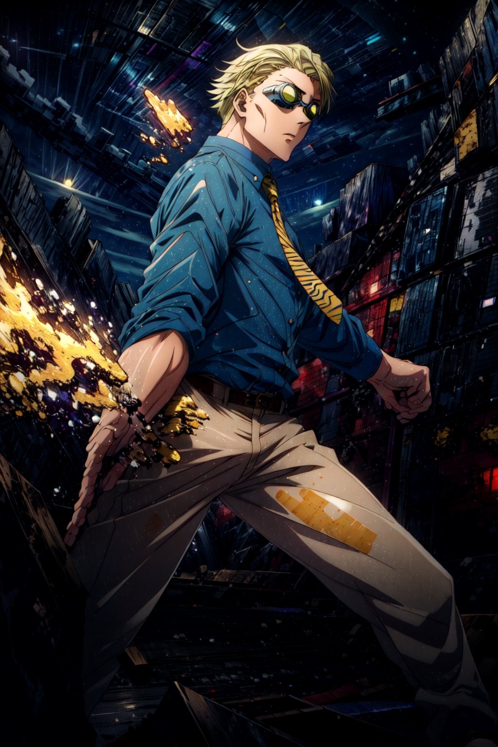 masterpiece, hyper detailed, highres, good anatomy, solo, nanami, blue shirt, suit, yellow tie, action pose, night sky, pants, goggles