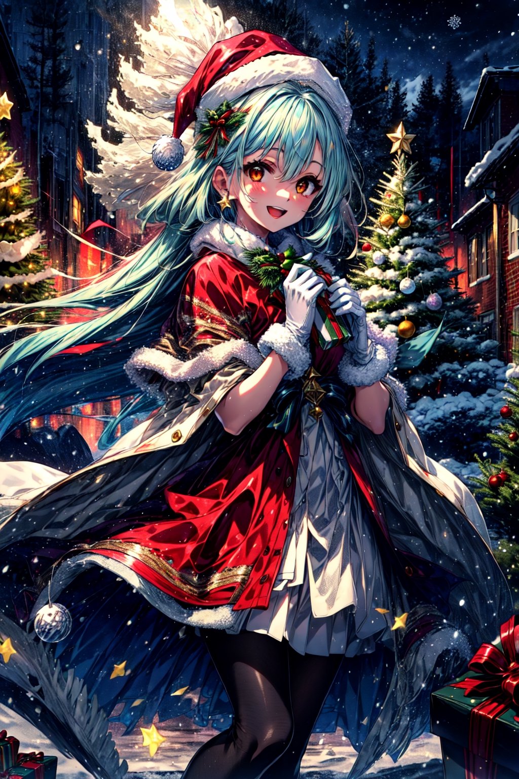 masterpiece,best quality,highres,cinematic lighting,dramatic angle,1girl,light blue hair,orange eyes,MiyakoChristmas,happy,,white and red dress,thick coat,fur trim,ribbons,bowtie,hat,pantyhose,gloves,holding gift box,christmas streetscape,christmas trees,stars,presenting gift box to viewer,:d,