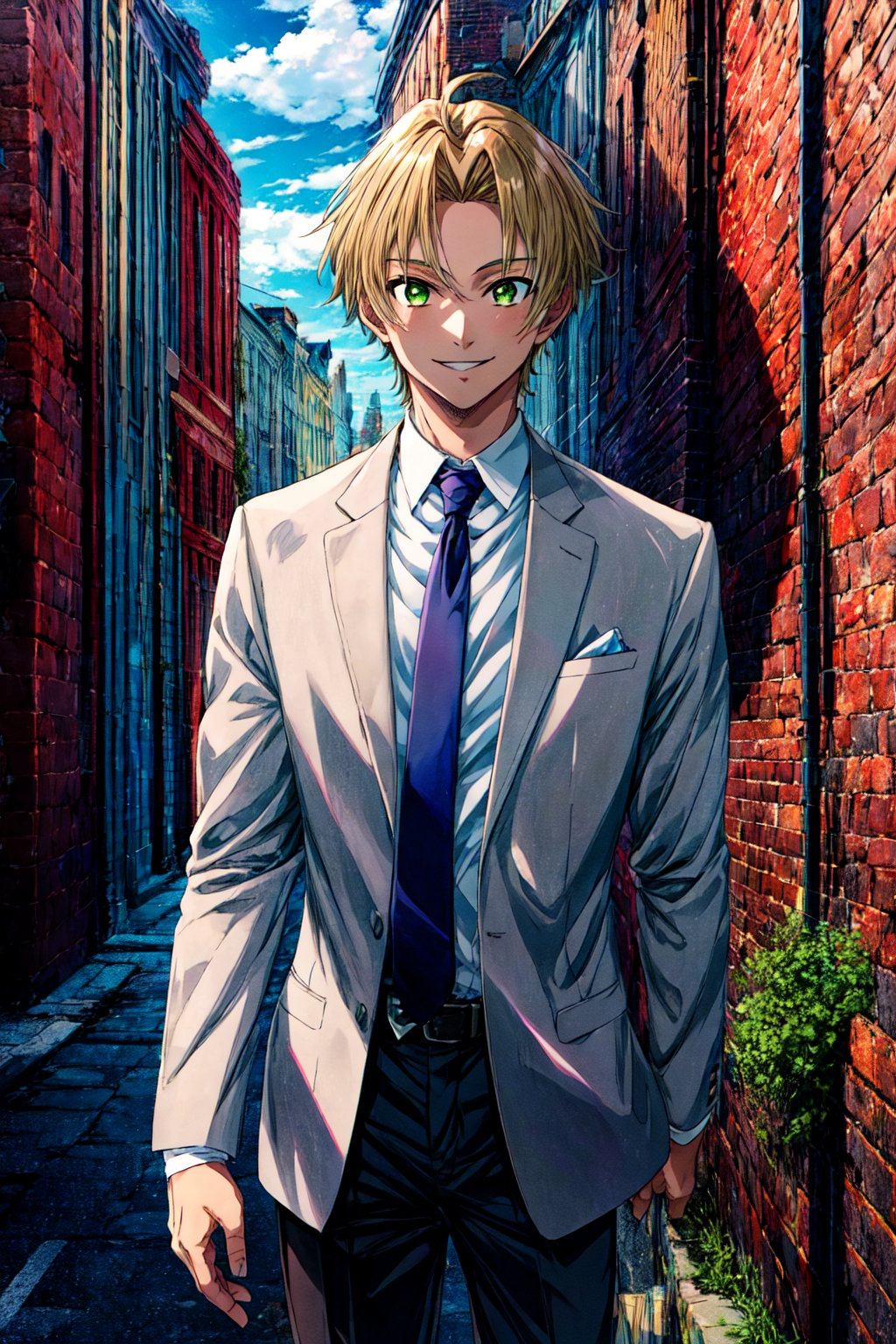 masterpiece, 1boy, mature male, cowboy shot, looking at viewer, smile, white glove, toshirop5t, suit, shirt, necktie, short hair, rudeus office, green eyes,rudeus_greyrat