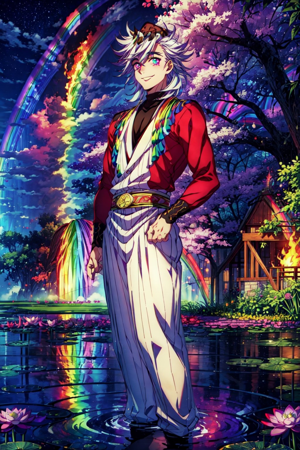 best quality,PIXIV, Douma, 0.8, (rainbow eyes::1.5), fire,1man standing in front of a lotus garden, long blond silver hair, smiling, cow-boy shot, sky red,lotus garden,