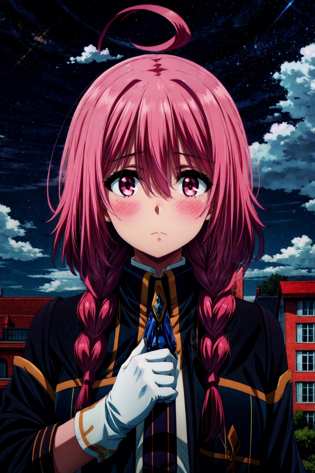 1girl, solo, long hair, looking at viewer, blush, bangs, shirt, gloves, hair between eyes, closed mouth, jacket, upper body, pink hair, braid, outdoors, sky, day, collared shirt, cloud, white gloves, pink eyes, blurry, blue sky, black jacket, sparkle, blurry background, cloudy sky, building, portrait, hair over shoulder high quality, best quality, ultra detailed, masterpiece, bare shoulders,