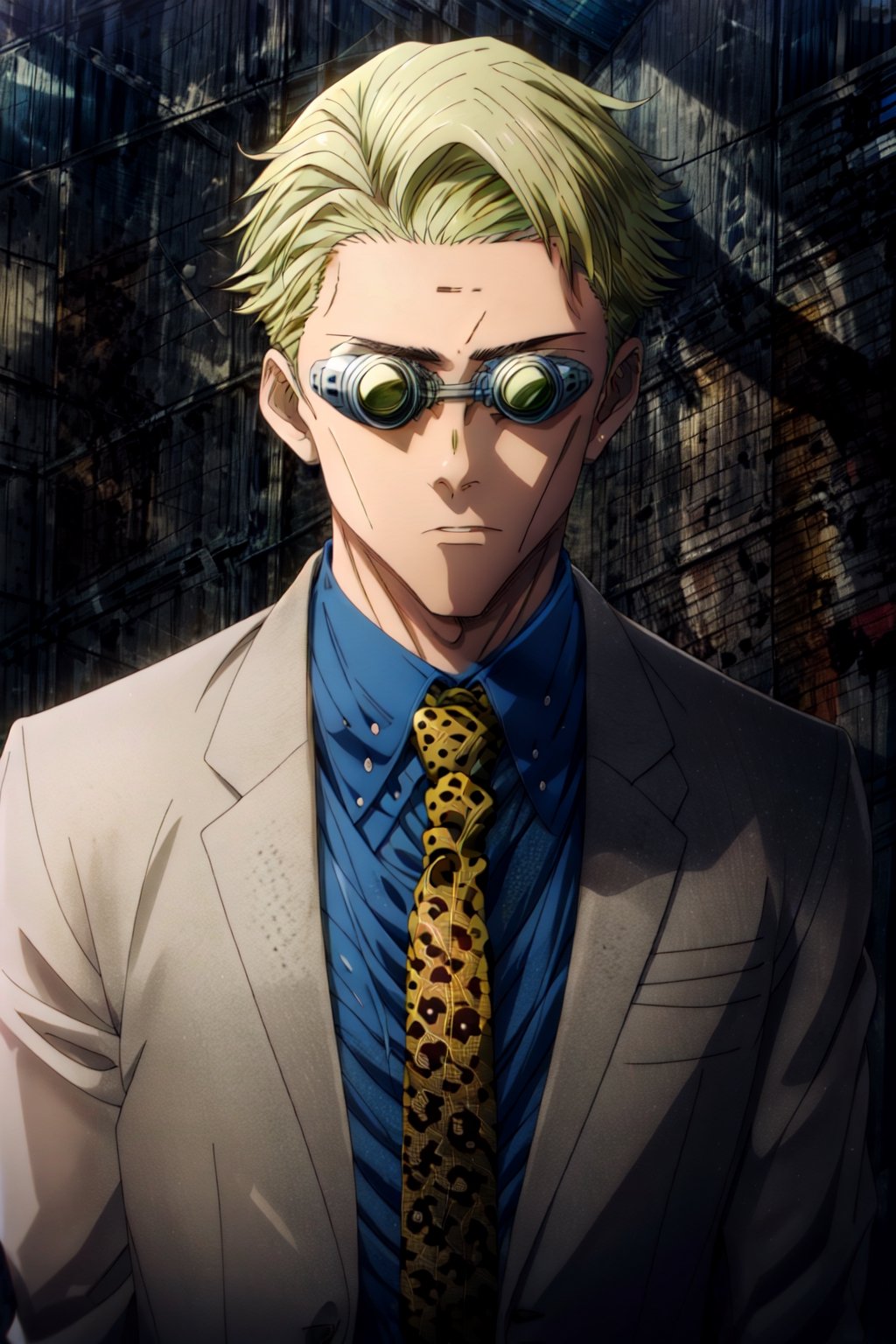 masterpiece,highres,high quality,extremely detailed,solo, , goggles,tinted eyewear, KentoNanami,1man, serious,jacket,formal,suit,collared shirt,blue shirt,necktie,yellow necktie,leopard print,