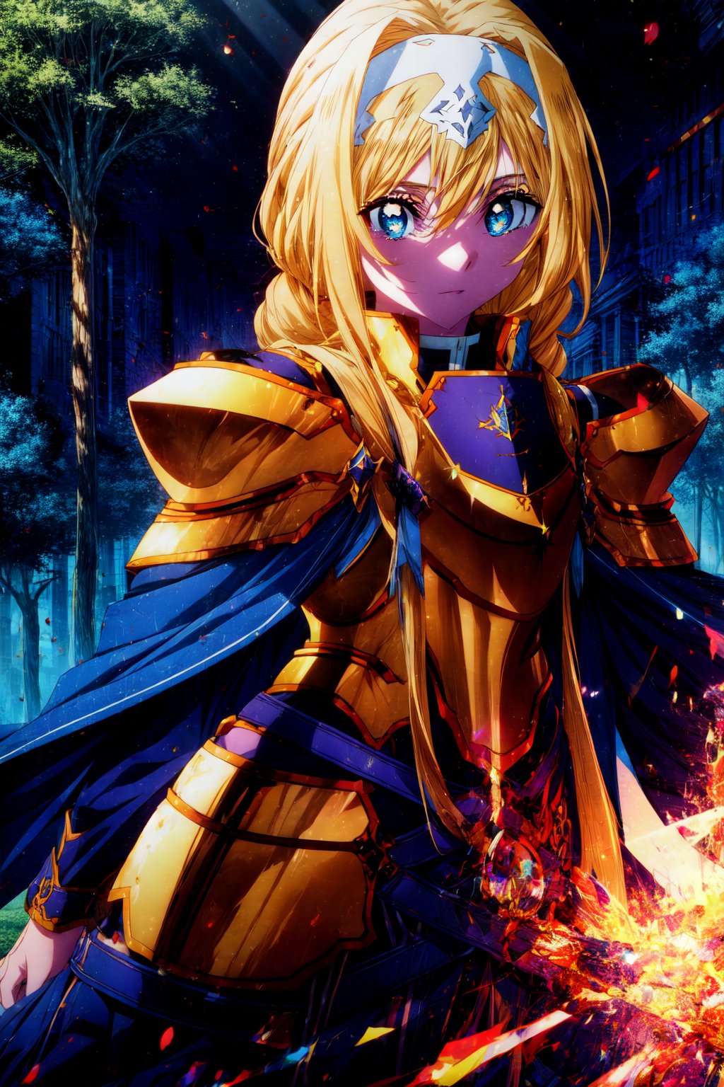 alicezuberg, , alice zuberg, bangs, blue eyes, blonde hair, hair between eyes, very long hair, braid, hairband, white hairband, BREAK dress, cape, armor, blue dress, shoulder armor, gauntlets, pauldrons, breastplate, armored dress, faulds, blue cape, knight, (gold armor:1.5), body armor, BREAK outside, forest, nature, sun, sky, BREAK looking at viewer, (cowboy shot:1.5), BREAK , (masterpiece:1.2), best quality, high resolution, unity 8k wallpaper, (illustration:0.8), (beautiful detailed eyes:1.6), extremely detailed face, perfect lighting, extremely detailed CG, (perfect hands, perfect anatomy),