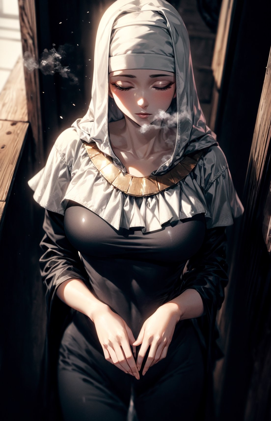 ((masterpiece:1.4, best qualit:1.4, high resolution:1.4)), , , Kiara, habit, nun, black dress, jewlery, closed eyes, detailed lips, waiting for kiss, (hands clasped, hands together), blush, upper body, covered nipples, heavy breath, steaming background, steam, breathing, mature woman, from above:1.2, covered breasts, covered chest, pov, kiss