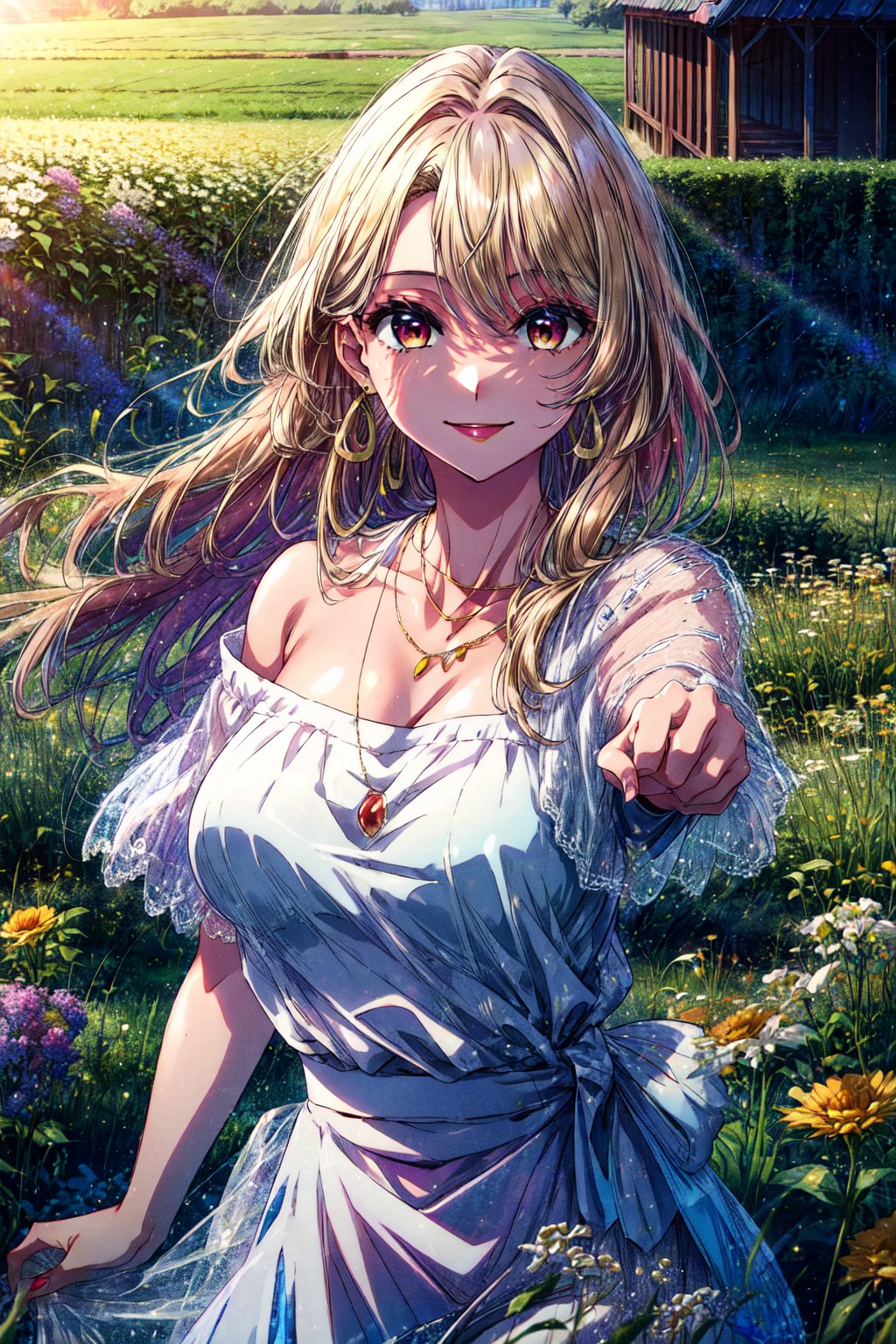 masterpiece, best quality, highres, aamiyako, long hair, jewelry, earrings, , large breasts, wariza, reaching out, white skirt, off shoulder, necklace, field, garss, smile, open