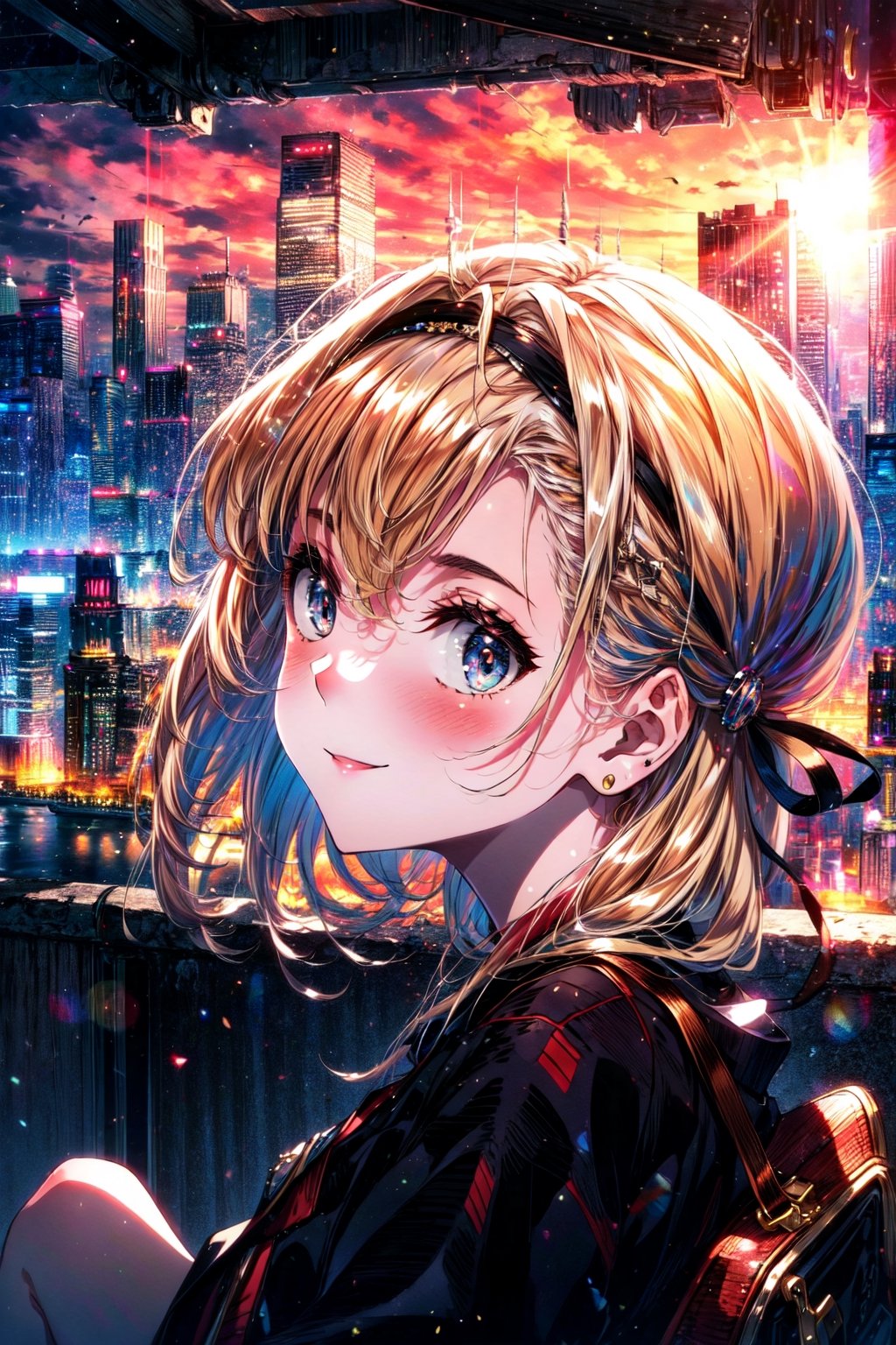 masterpiece,best quality,highres,cinematic lighting,dramatic angle,1girl,, profile,blonde hair,blue eyes,hairband,looking at viewer,tilting head,smile,blush,sunset,sitting on bench,handbag,depth of field,cityscape,(close-up:1.3),She reclined her head against viewer's shoulder,pov,she tilted her body towards viewer